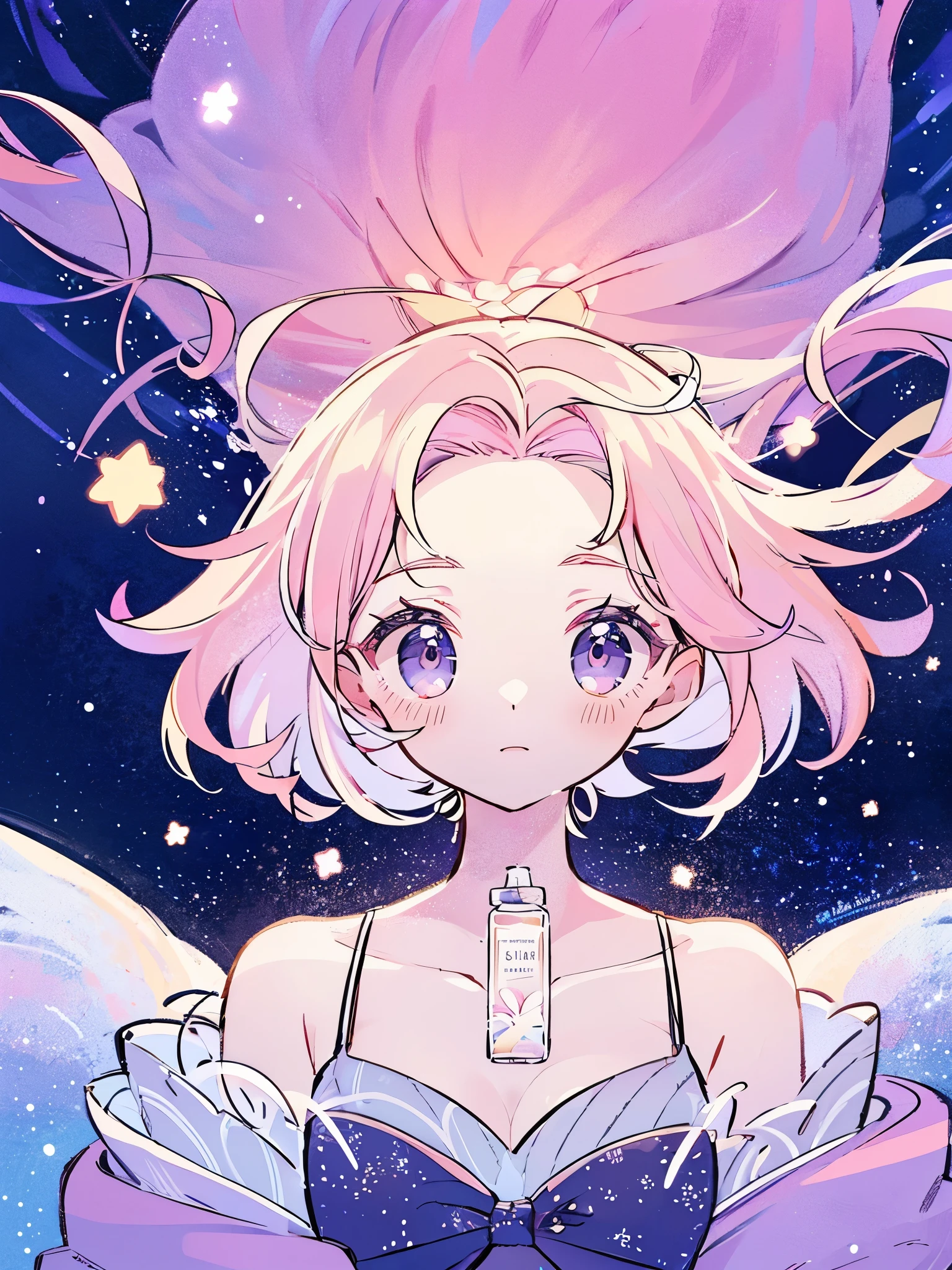 complex background, wishing star background, a woman wearing an ethereal mystical pink translucent dress that reflects the stars, perfume promo art, mystic, complex drawing, highly detailed, Covergirl brand, promo art, artistic rendition, ethereal, starry night, midjourney style