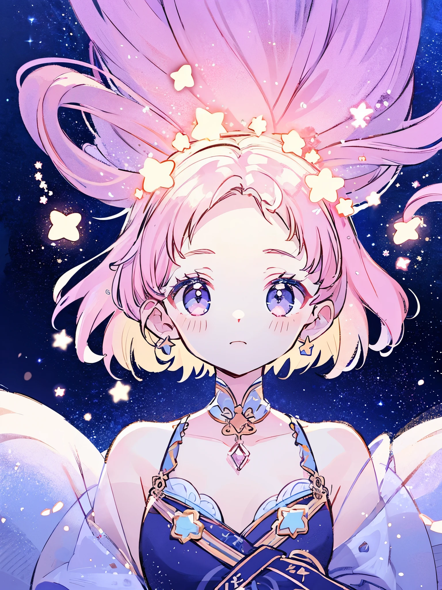 complex background, wishing star background, a woman wearing an ethereal mystical pink translucent dress that reflects the stars, perfume promo art, mystic, complex drawing, highly detailed, Covergirl brand, promo art, artistic rendition, ethereal, starry night, midjourney style