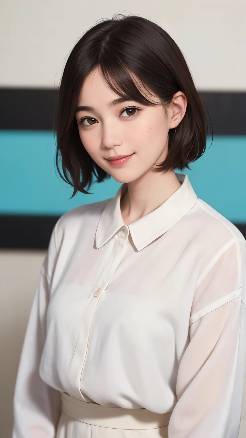 195 (snapdd00-Fp16), 1-9-5, woman, gentle smile, short hair, The background is an avant-garde abstract painting.......
