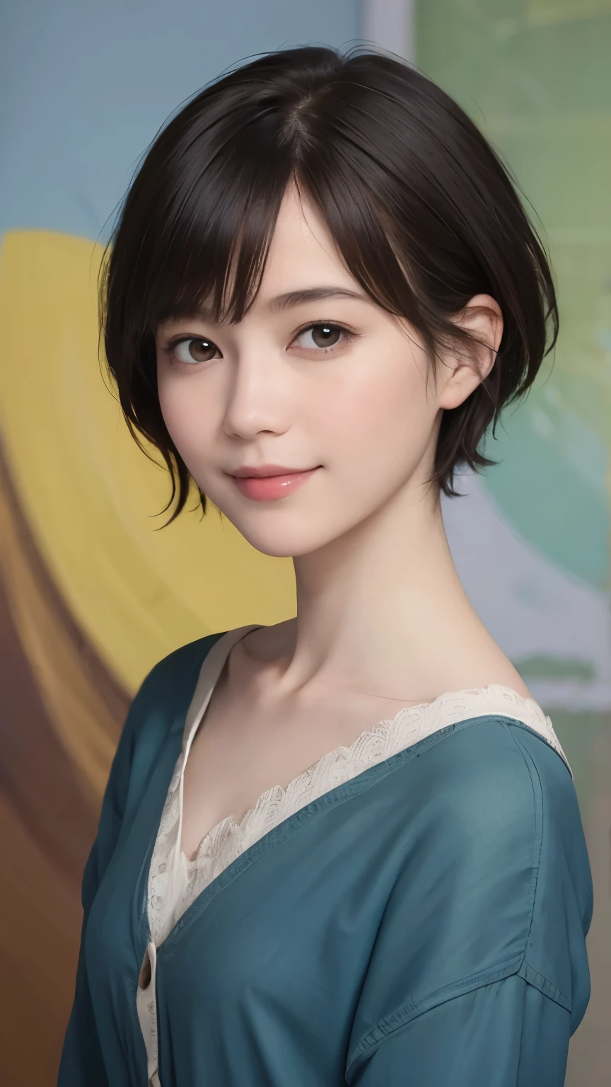 195 (snapdd00-Fp16), 1-9-5, woman, gentle smile, short hair, The background is an avant-garde abstract painting.......