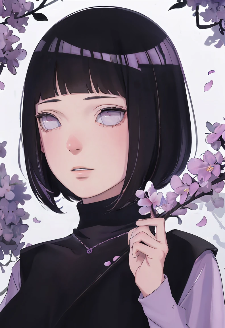 { - anatomy error} (Masterpiece - Ultra-detailed, very high resolution) (huge titusty, masterpiece, absurdres, hinata\(boruto\), 1girl, solo,mature female, lilac turtleneck blouse, black pant, looking at viewelling petals), perfect composition, detailed lips, big breast, beautiful face, body propotion, blush, (pink lips), short hair, (black hair), purple eyes, soft gaze, super realistic, detailed, photoshoot, realistic face and body, closed mouth , lilac eyes, upper body, hidden hands, perfect fingers, inocent face, portrait, , writing, reading, dynamic poses