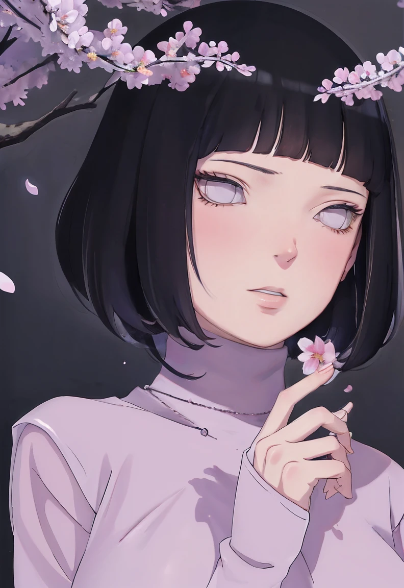 { - anatomy error} (Masterpiece - Ultra-detailed, very high resolution) (huge titusty, masterpiece, absurdres, hinata\(boruto\), 1girl, solo,mature female, lilac turtleneck blouse, black pant, looking at viewelling petals), perfect composition, detailed lips, big breast, beautiful face, body propotion, blush, (pink lips), short hair, (black hair), purple eyes, soft gaze, super realistic, detailed, photoshoot, realistic face and body, closed mouth , lilac eyes, upper body, hidden hands, perfect fingers, inocent face, portrait, , writing, reading, dynamic poses