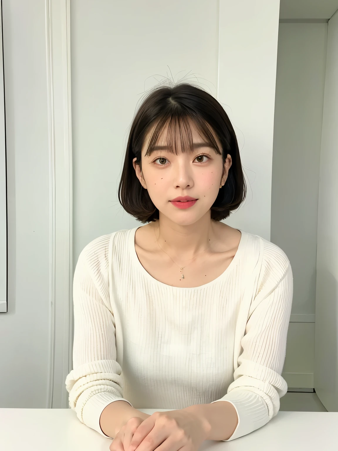 light gray long sleeve dress、table top、(white wall in the background、Taken in front of the white door:1.4)、((highest quality、8K、masterpiece:1.3))、ultra high resolution、(photogenuineistic:1.4)、RAW photo、Japanese,(face)、genuine、Photographed in natural light、Highly detailed face and skin texture、highly detailed lips、correct state of the human body、shortcut、short hair、short hair、black hair、various poses、natural color lip