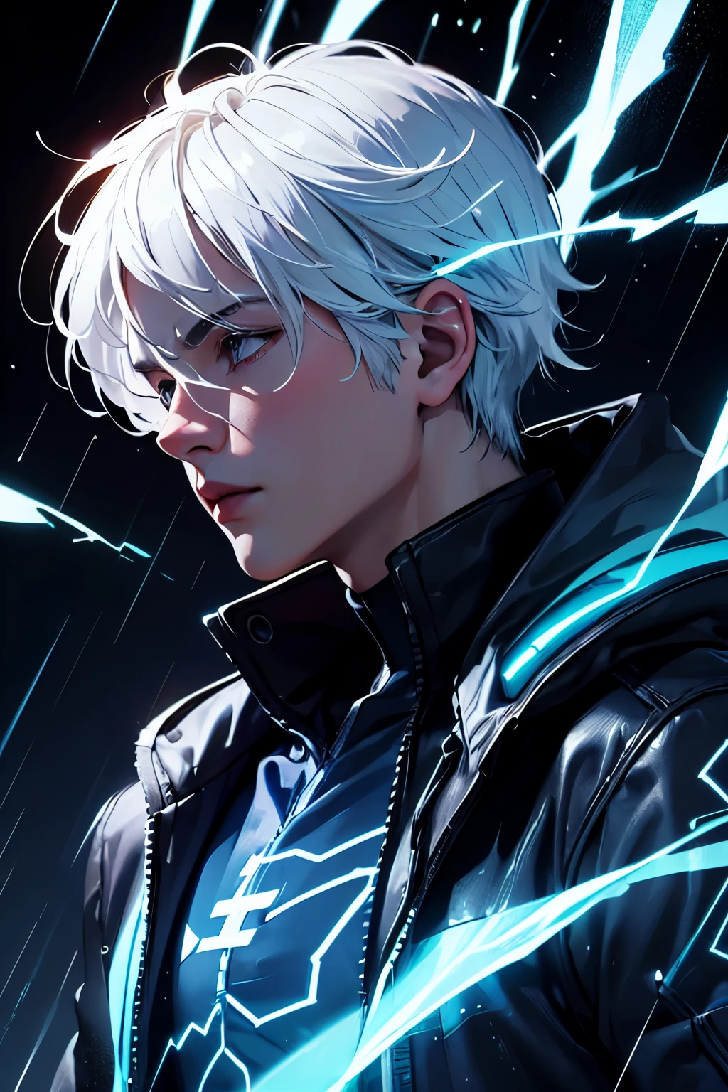masterpiece,best quality,ultra-detailed,1boy,blue lighting,blue electricity,wrapped in electricity all over the body,black_background,rain,white hair,white