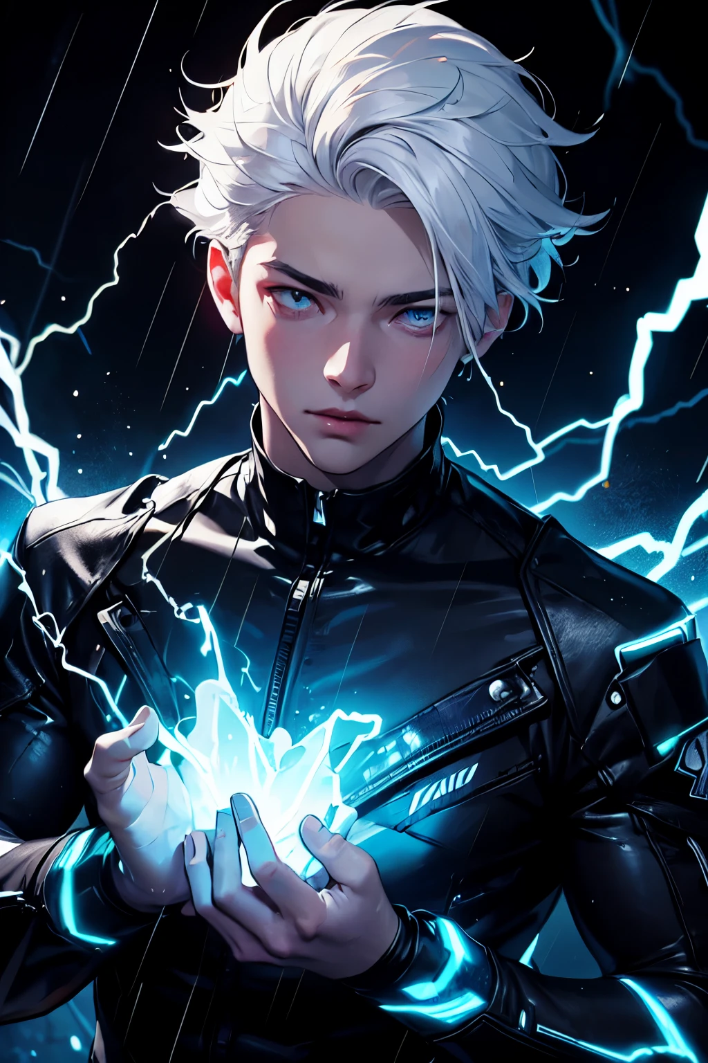 masterpiece,best quality,ultra-detailed,1boy,blue lighting,blue electricity,wrapped in electricity all over the body,black_background,rain,white hair,white