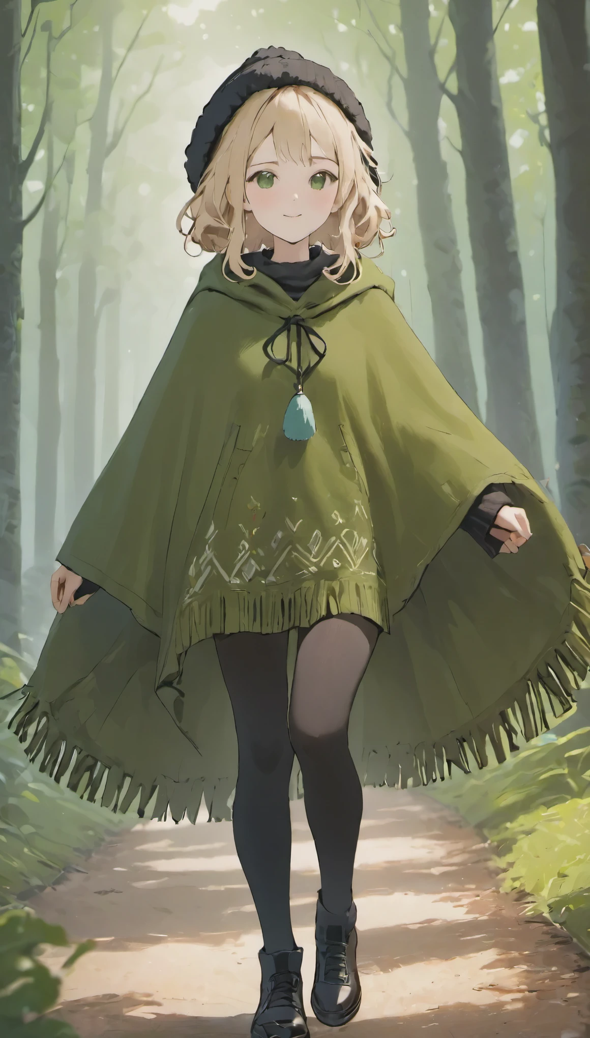 one girl、２０talent、beige hair、french braid、(white pompom knit hat)、((Dark green poncho:1.2))、(((black knee socks:1.2)))、background is blurry、blurred background、dark forest、Deep woods、walk、highest quality、ultra high resolution、Super detailed、８ｋ、