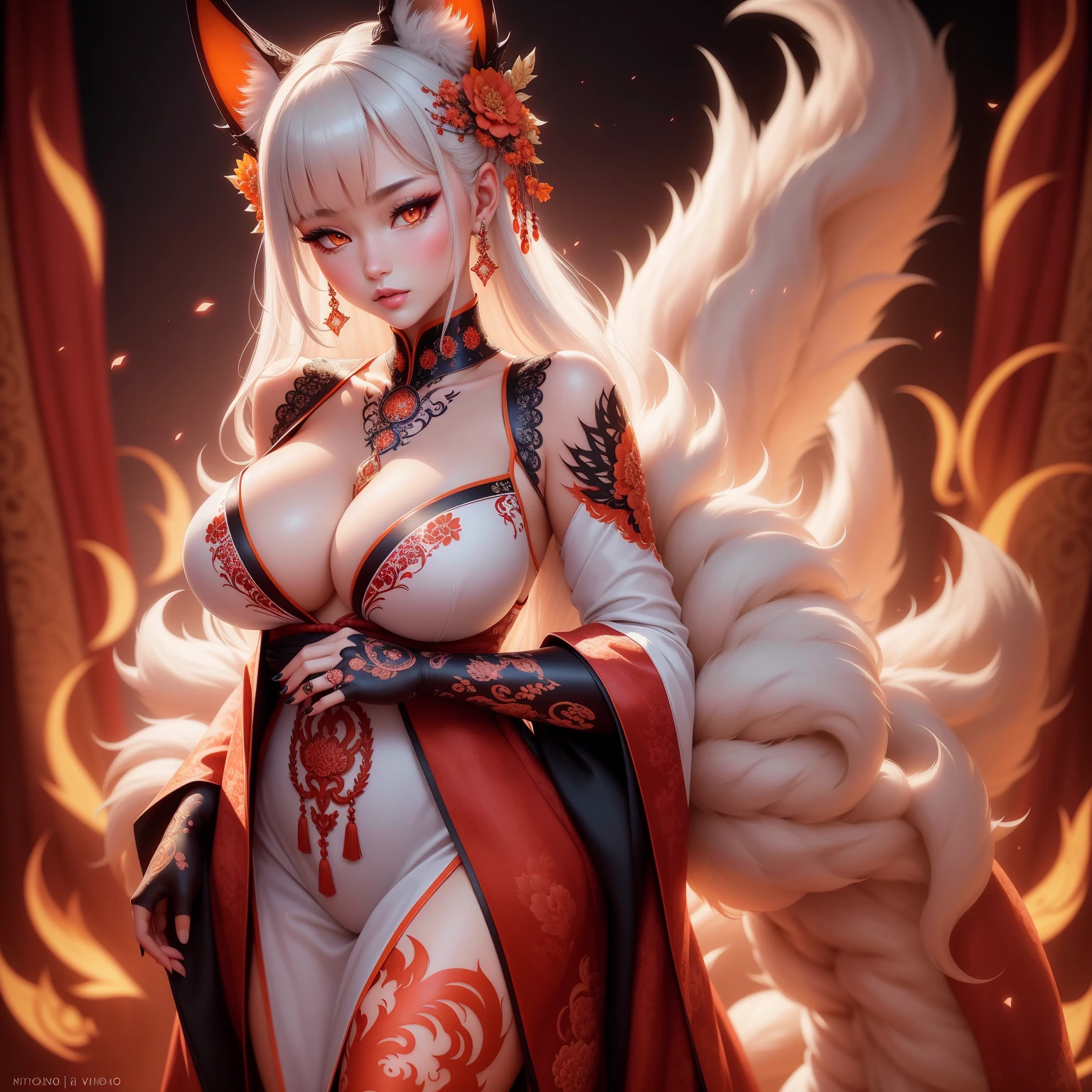 REALISTIC VISION 1.4, BETTER VAE,sharp focus, ultra detail, 32k,realistic photo, intricate details, kitsune, intricate details ,woman, nine tails,intricate details,intricate details,big , Voluptuous body, intricate details, Miko,clothes long white dress with red details intricate details,tattoos intricate details,full body, orange eyes