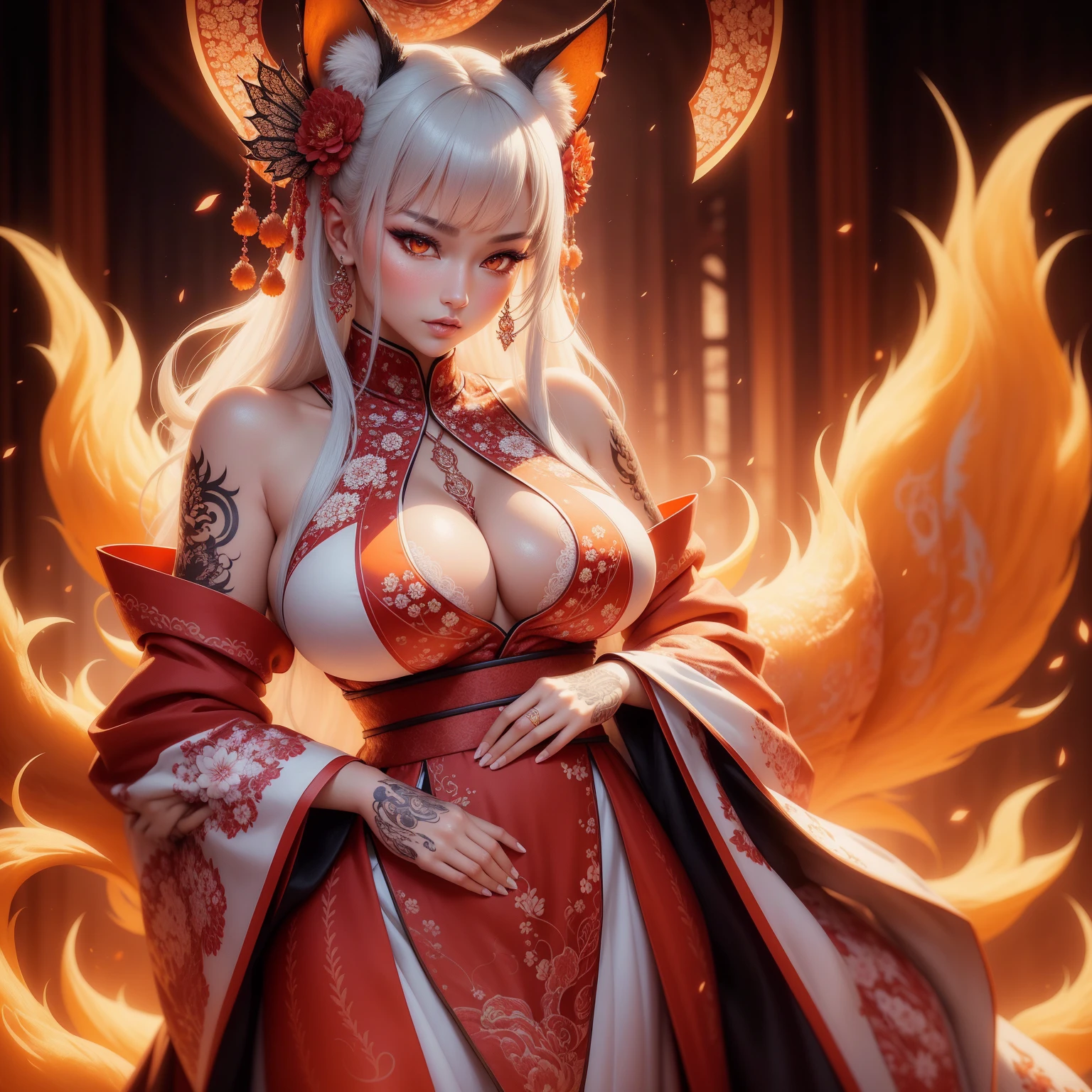 REALISTIC VISION 1.4, BETTER VAE,sharp focus, ultra detail, 32k,realistic photo, intricate details, kitsune, intricate details ,woman, nine tails,intricate details,intricate details,big , Voluptuous body, intricate details, Miko,clothes long white dress with red details intricate details,tattoos intricate details,full body, orange eyes