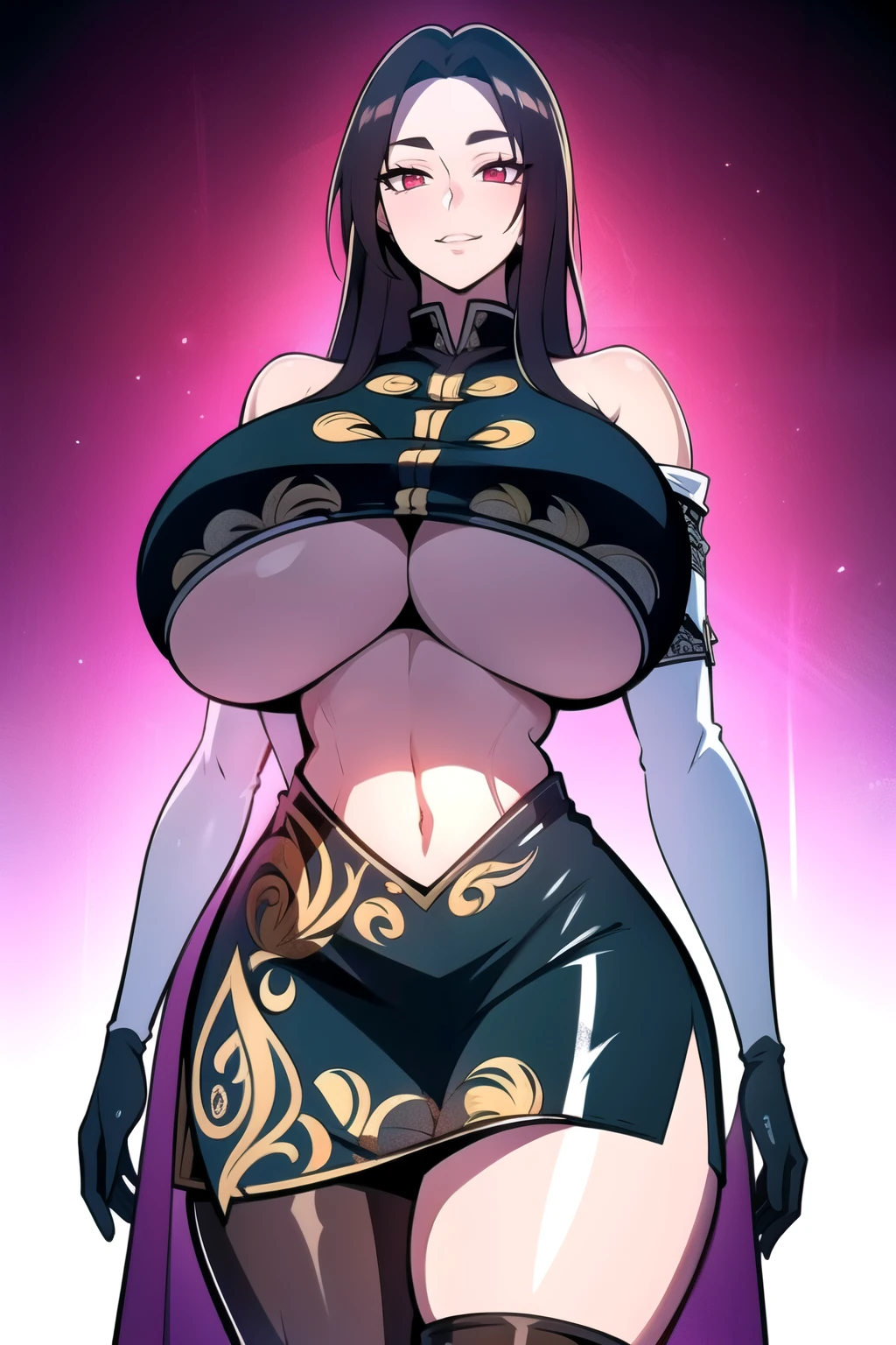 ultra realistic 8k cg, masterpiece, (( intricate detail, highly detailed, fine details best quality, hyperdetailed face)), gigantic breasts ,beautiful lighting, absurdres, BoaHancockV2, 1girl, solo, black hair, long hair, jewelry, closed mouth, ), (chinese dress, (underboob : 1.4), elbow gloves, thigh boots, split skirt, bare shoulders, curvy, midriff, curvy, thighs, shiny clothes), red eyes, complex detailed background, inside, luxury palace), ((cowboy shot)), curvy, (gigantic breasts: 1.1), seductive smile, cowboy shot,