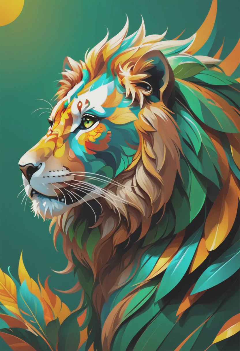 Lion vector art:1.5, ((obra maestra:1.4)). colores anaranjados, amarillos verdes:1.4,((Escena imaginativa))8k
