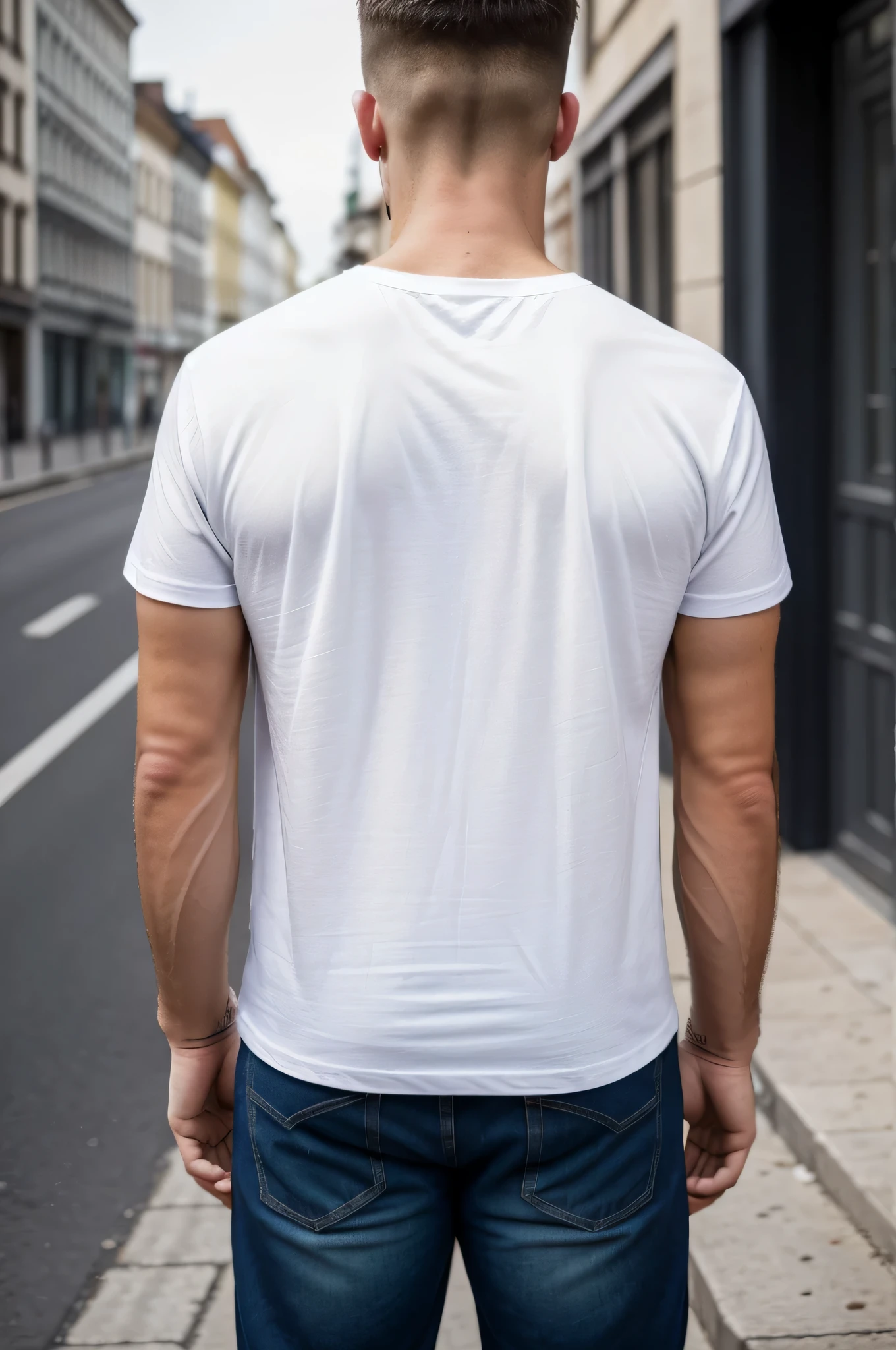 modern, depth of field, retina, best quality, highres, textured skin,A European and American man wearing a white T-shirt,Standing on the street with your back to the camera,photo