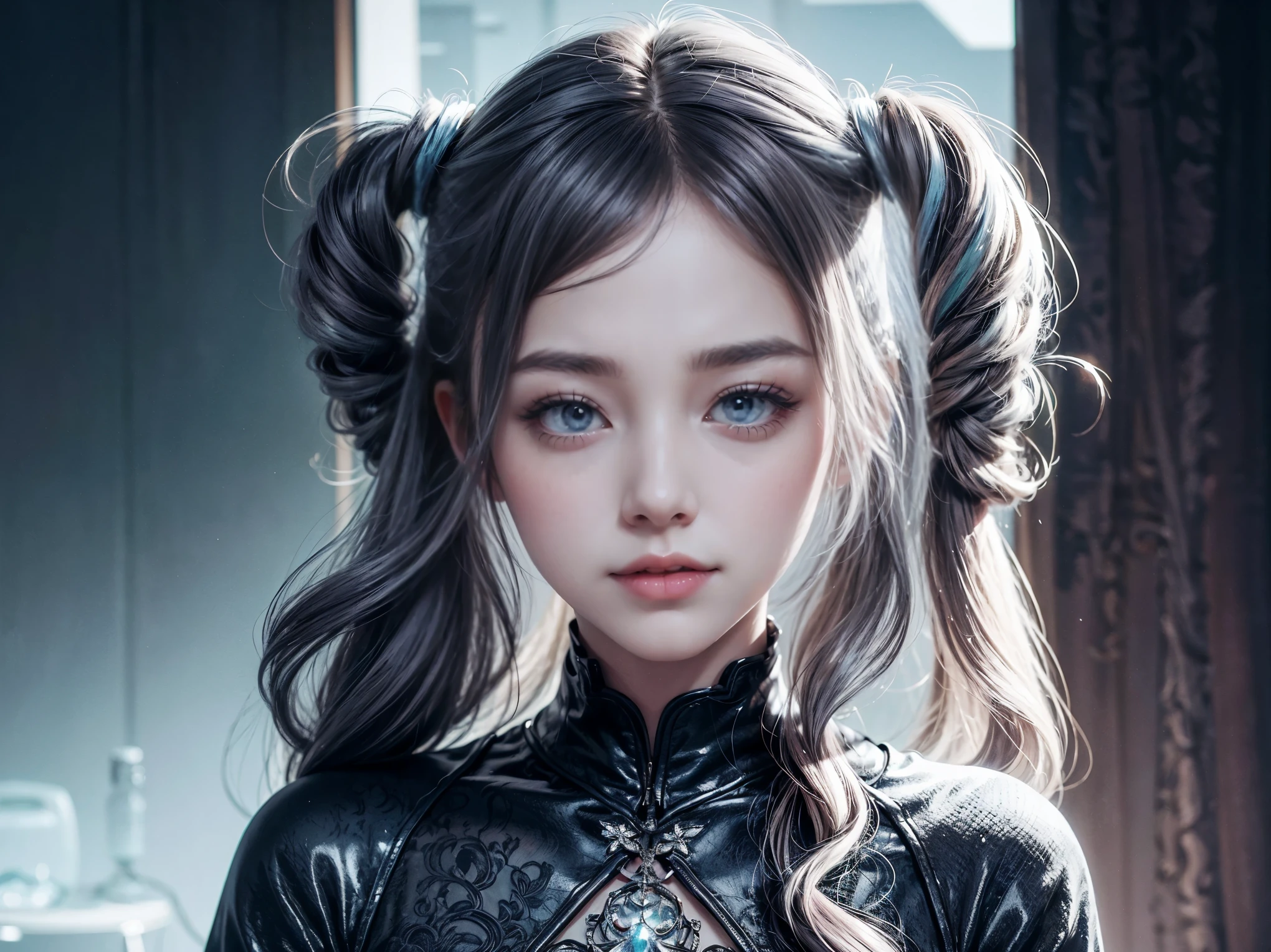 beautiful girl(alone)、photograph、Fantastic、(Loretta Lux:1.3)、pastel colour:0.6、surrealism:1.1、high contrast、super detailed、8K、Surreal hairstyle(monochromatic)
