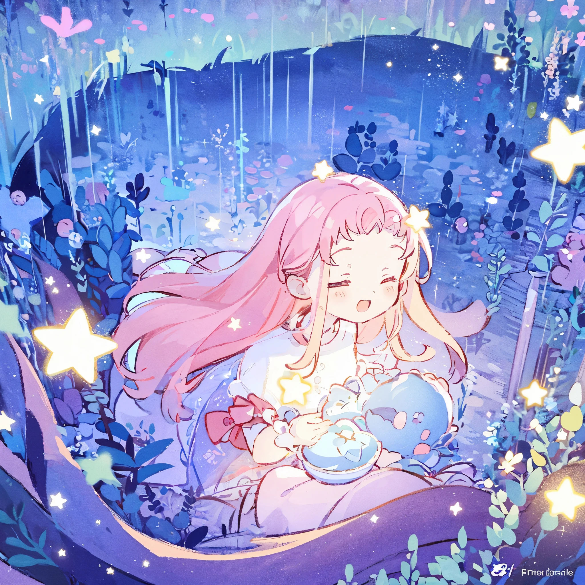 complex background, wishing star background, a woman wearing an ethereal mystical pink translucent dress that reflects the stars, perfume promo art, mystic, complex drawing, highly detailed, Covergirl brand, promo art, artistic rendition, ethereal, starry night, midjourney style, flowers, plants, magical star garden