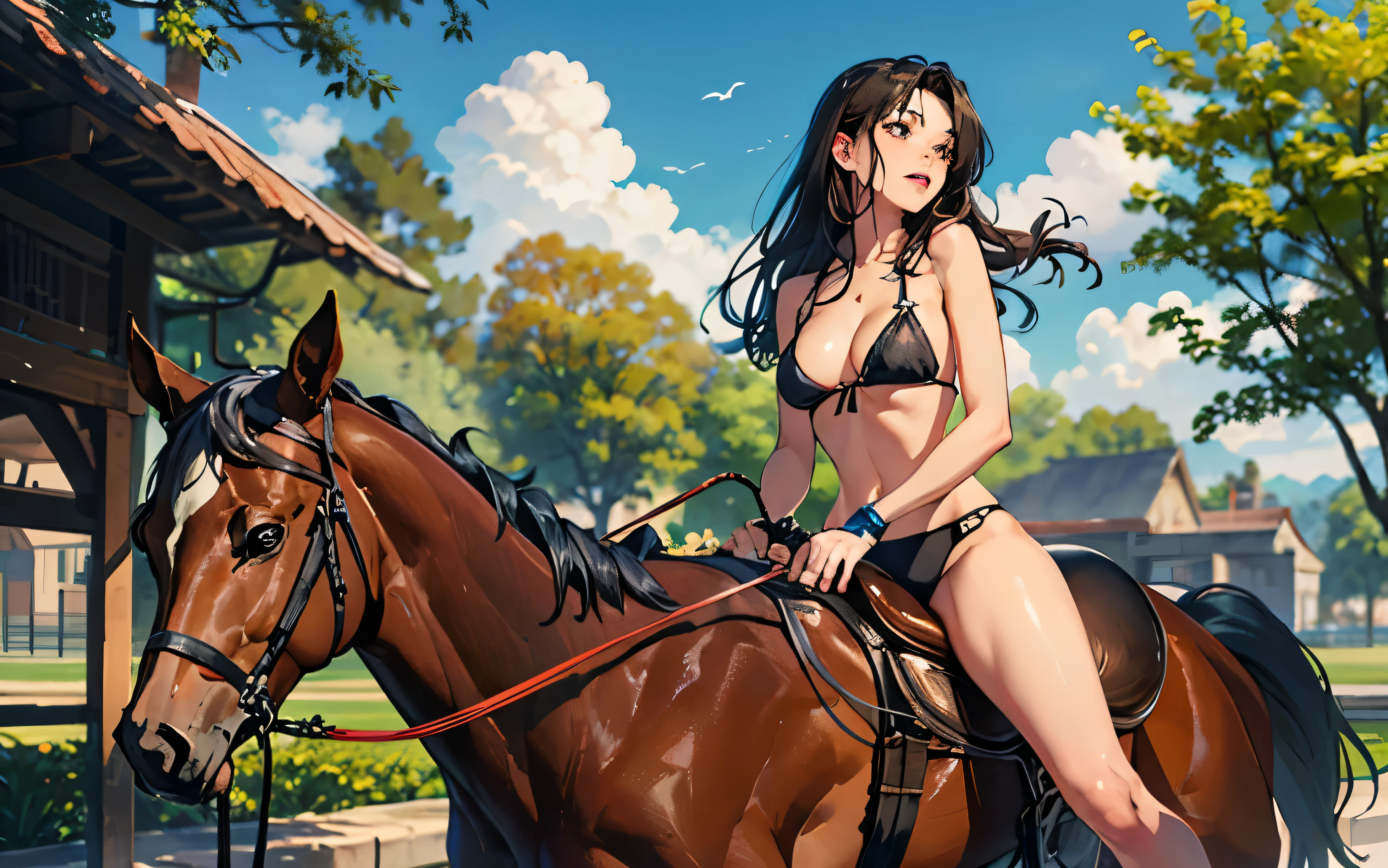 araffe anime woman in a bikini riding a horse in a park, 🐎🍑, cowgirl, cow-girl, western cowgirl, female cowgirl, 👰 🏇 ❌ 🍃, saddle up, mexican vaquero, on a horse, cowboy style, beautiful tan mexican woman, lorena avarez, riding a horse, riding horse, sexy girl, ride horse
