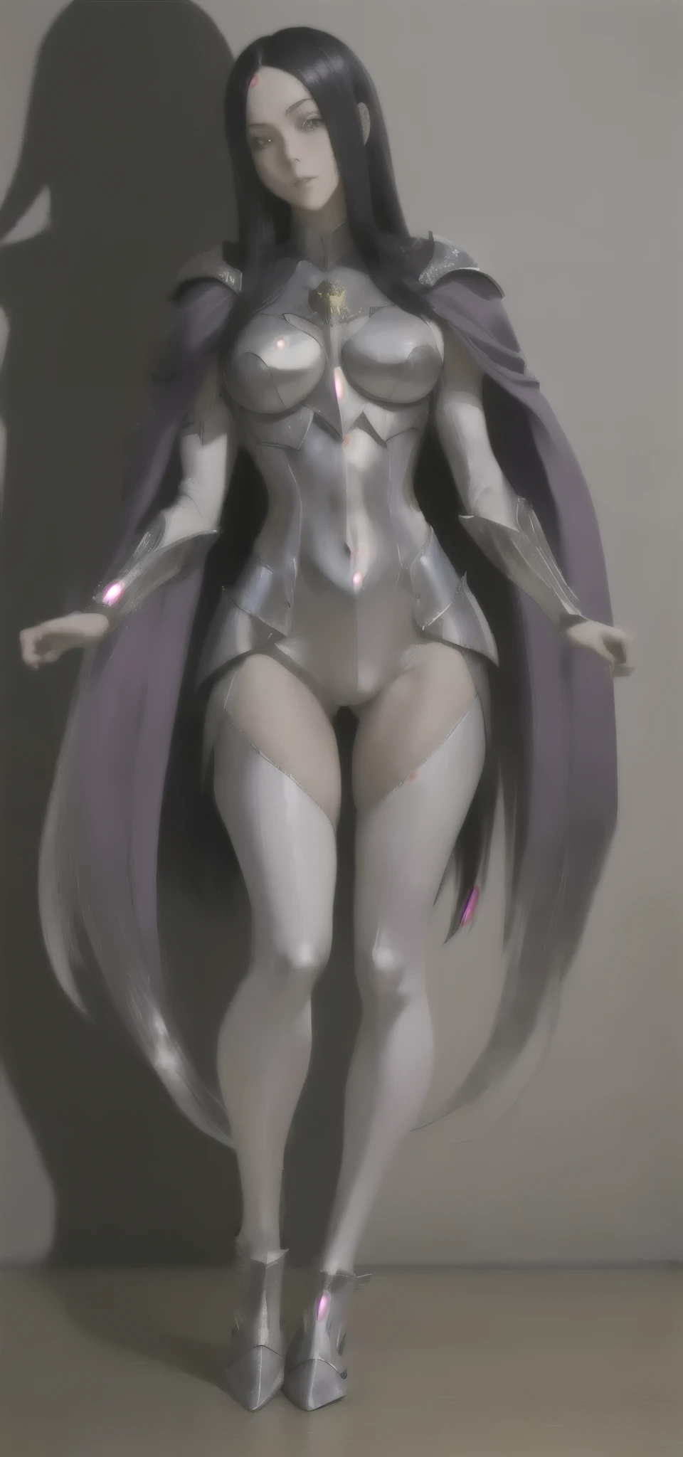 Anime character with sword and cape standing in front of a wall, Claymore anime background, albedo do anime overlord, Claymore, cavaleiro da lua feminino, Erza Scarlet como uma pessoa real, girl of the zodiac knights, com elegante armadura prateada, streamlined Armadura branca, Armadura branca, albedo de overlord, manto roxo branco de corpo inteiro, ([long hair hair]:1.8), (full body:1.8), (full-body standing image:1.8)
