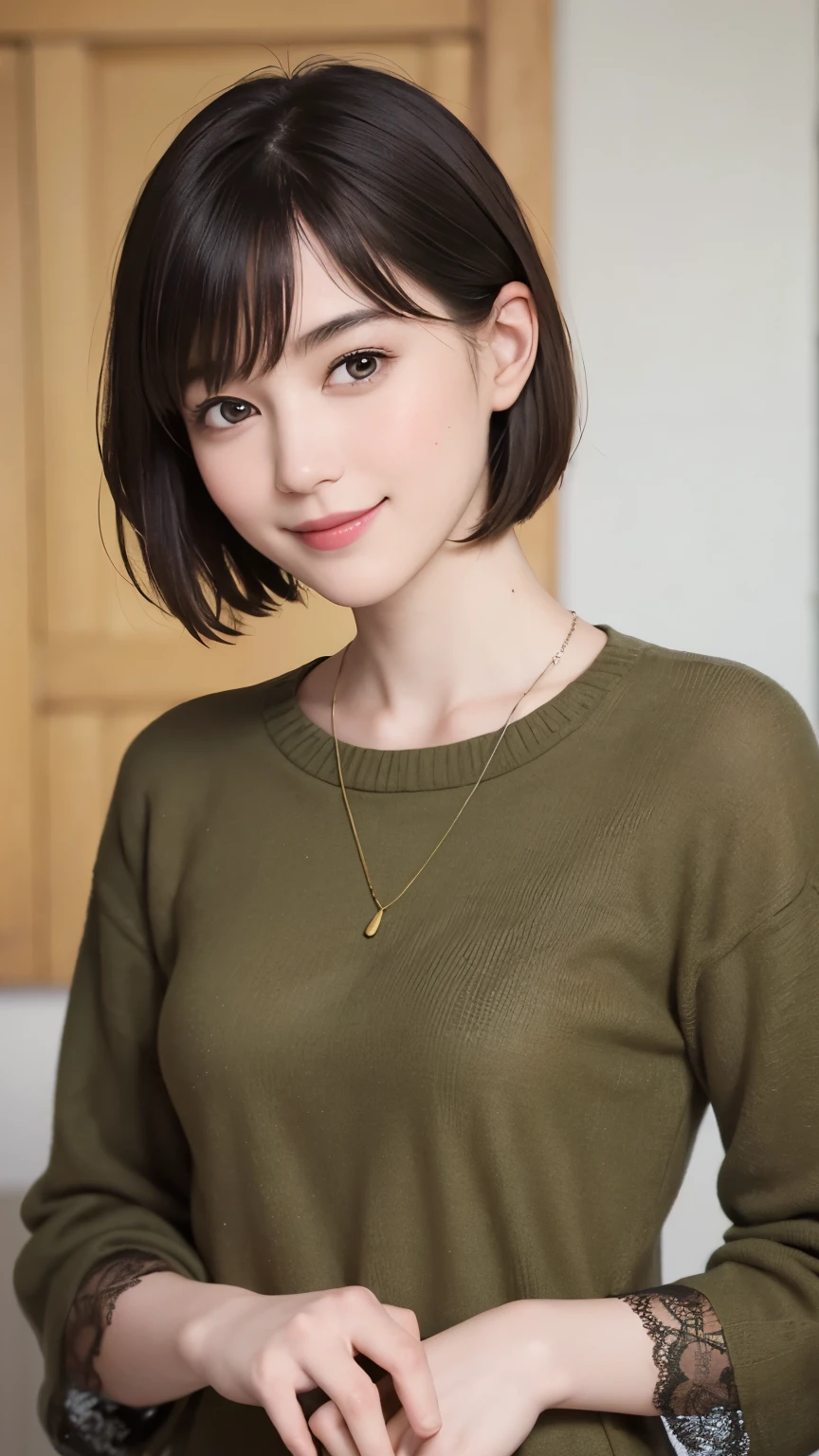 195 (snapdd00-Fp16), 1-9-5, woman, gentle smile, short hair, The background is an avant-garde abstract painting.......