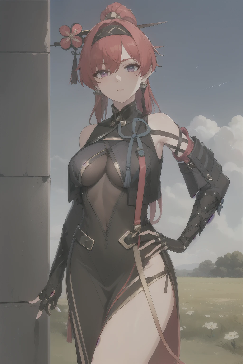 best quality, feet, soles, painted toenails, 5 toes, masterpiece, yinlin, black dress, hairband, detached elbow gloves, hair stick ornament, earring, looking at viewer, cowboy shot, sky, field