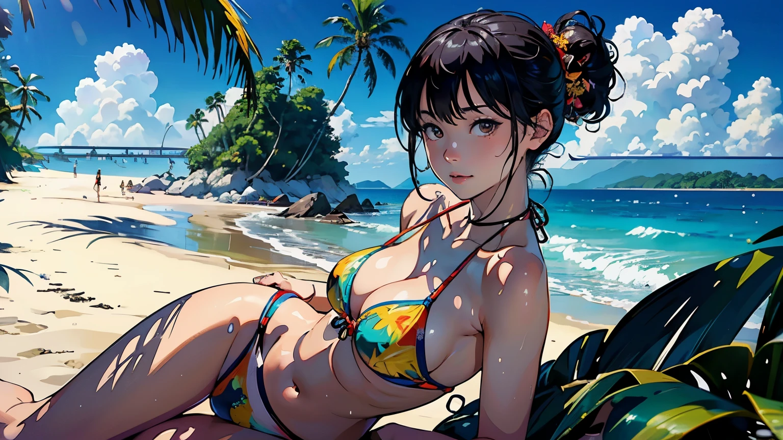 ((highest quality, masterpiece, High resolution))、beautiful japanese woman、((anime art))、 ((4 women))、18-year-old、(The four of us are good friends.)、 (Detailed depiction of a beautiful face)、smile gently、realistic face、 small breasts、slim body shape、medium short hair、semi-long、bun hair、Wet see-through bikini、bikini swimwear、one piece swimsuit、Wrap your waist in fabric with bold ethnic patterns and plenty of primary colors.。.、realistic skin、Wet、whole body、(Beautiful tropical beach landscape photography)、cinematic light、tropical、(flowers on the beach)、Against the background of palm trees、on a sunny beach、With the sea in the background、squall、rainbow、blur background、