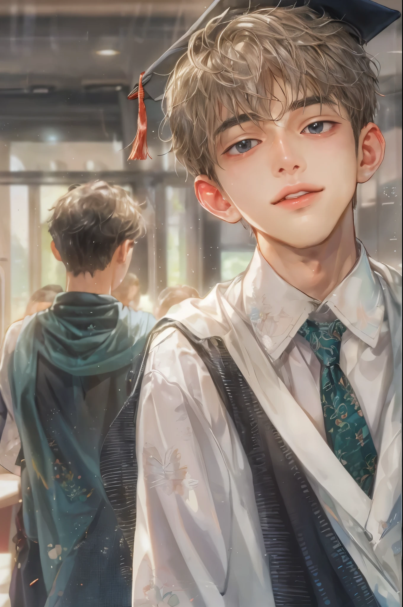 (masterpiece, top quality, best quality, official art, beautiful and aesthetic:1.2), boy, handsome, perfect detailed face, a boy in graduation clothes, warm tones, highest quality art, (perfect face), shiny skin, HDR, detailed surroundings, inside a school ceremony stage, graduation day