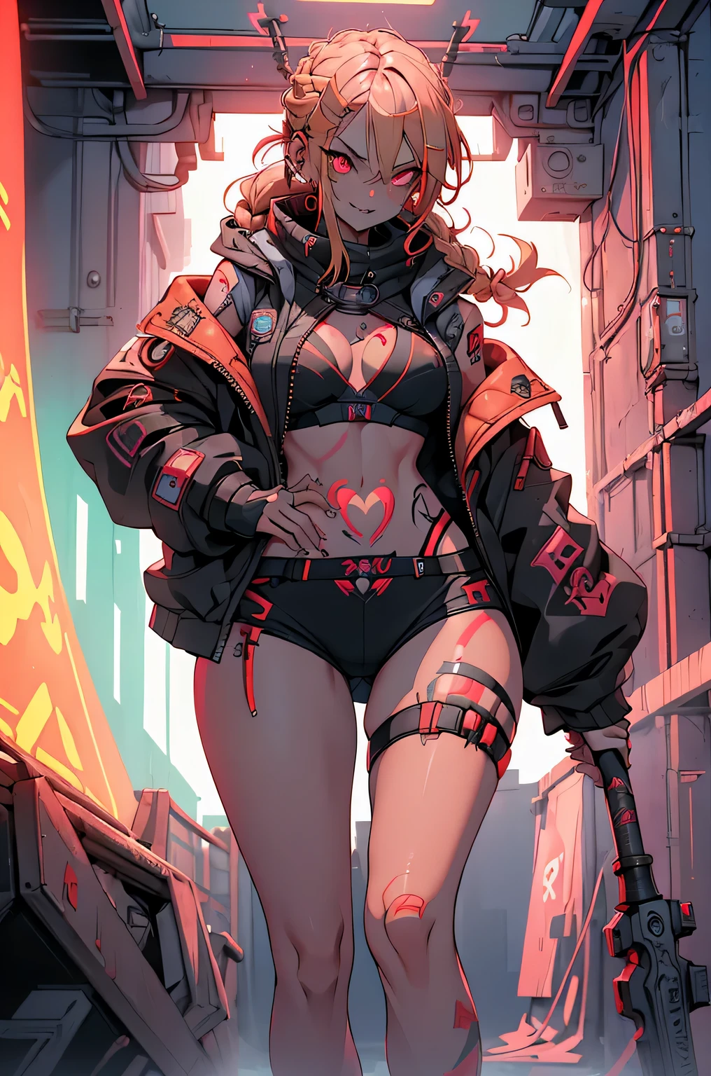 1girl, rebecca \(cyberpunk\), full body, solo, blonde braid hair, glowing red eyes,laugh fearlessly, leg tattoo, neck tattoo, large chest, black bra, thong, red pupils, skin fang, red eyes, black jacket, carry a big hammer on your shoulder、dynamic angle、dynamic pose、