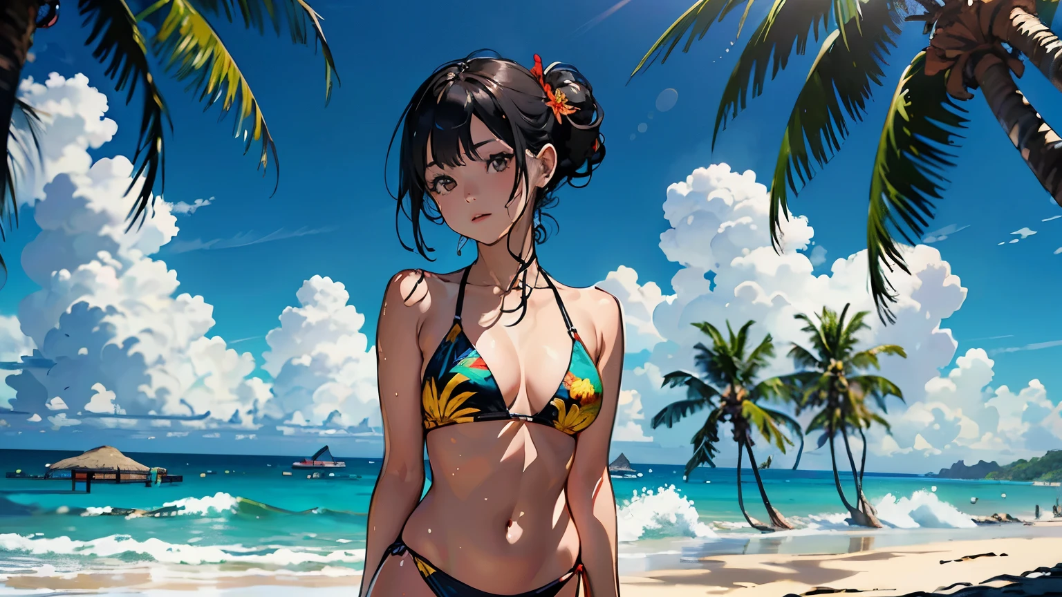 ((highest quality, masterpiece, High resolution))、beautiful japanese woman、((anime art))、 ((5 women))、18-year-old、(the five of us are good friends)、 (Detailed depiction of a beautiful face)、smile gently、realistic face、 small breasts、slim body shape、medium short hair、semi-long、bun hair、Wet see-through bikini、bikini swimwear、one piece swimsuit、Wrap your waist in fabric with bold ethnic patterns and plenty of primary colors.。.、realistic skin、Wet、whole body、(Beautiful tropical beach landscape photography)、cinematic light、tropical、(flowers on the beach)、Against the background of palm trees、on a sunny beach、With the sea in the background、squall、rainbow、blur background、