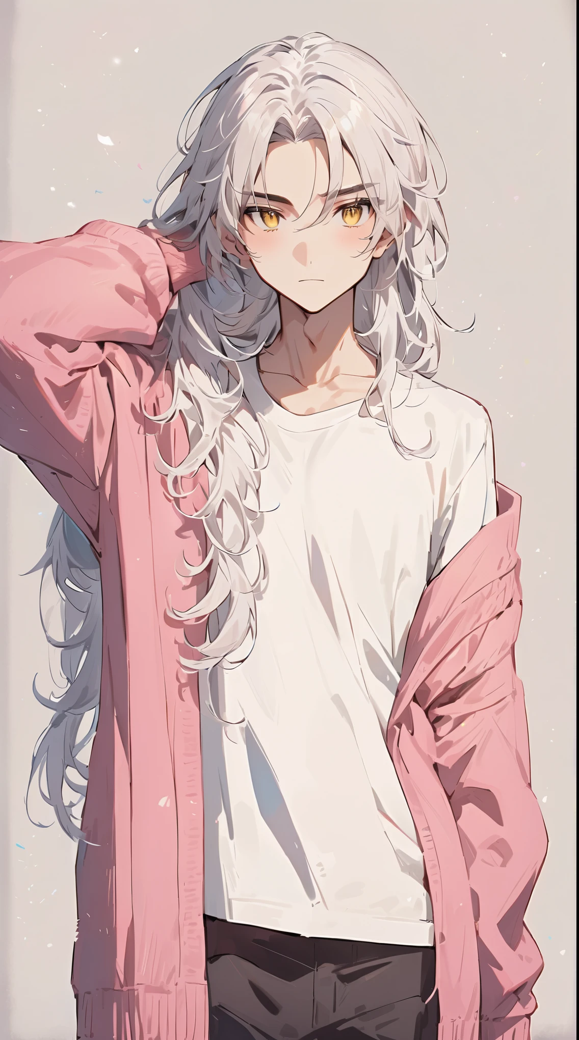 Pink cardigan, white t-shirt, beautiful young man, white hair, yellow eyes, long hair, standing,high quality, amount of drawing, pixiv illustration