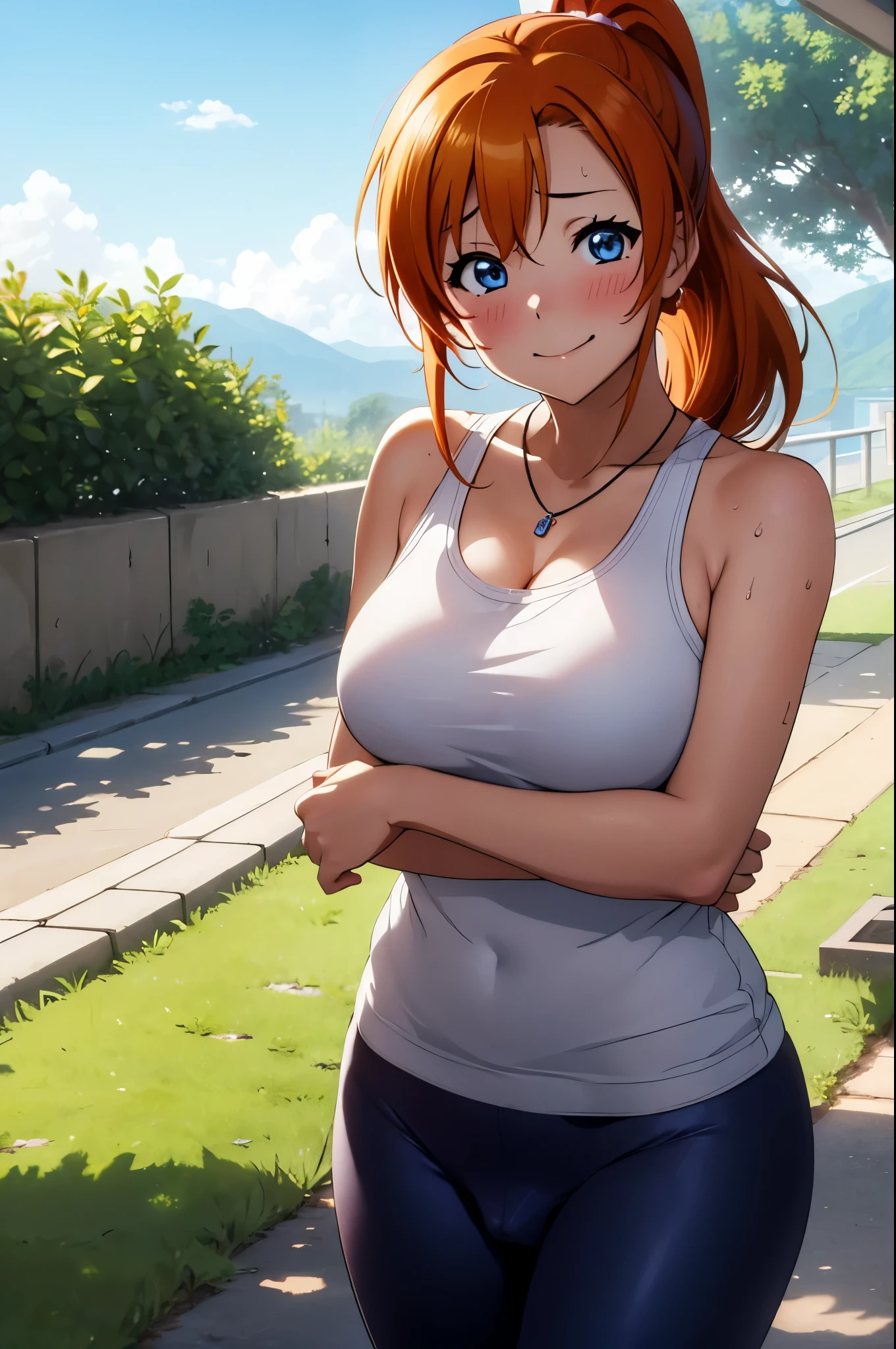 (Masterpiece, Best Quality, High Quality),(chibi),kousaka honoka, orange hair,low ponytail, blue eyes, volumetric lighting, illustration, beautiful, tight , Blushing, breasts, looking at viewer, red tank top, blue yoga pants, sweating,solo, curvy body, looking to the side, confident, seductive smile, (arms behind back, head tilt:1.1), heart pendant,perfect lighting, perfect shadows, flower, (breathtaking scenery:1.1), tree, blushing, perky breasts,sweaty, sweating, 1DILDO,DILDO UNDER CLOTHES,DILDO IN PUSSY, pussy juice ,sweat drops