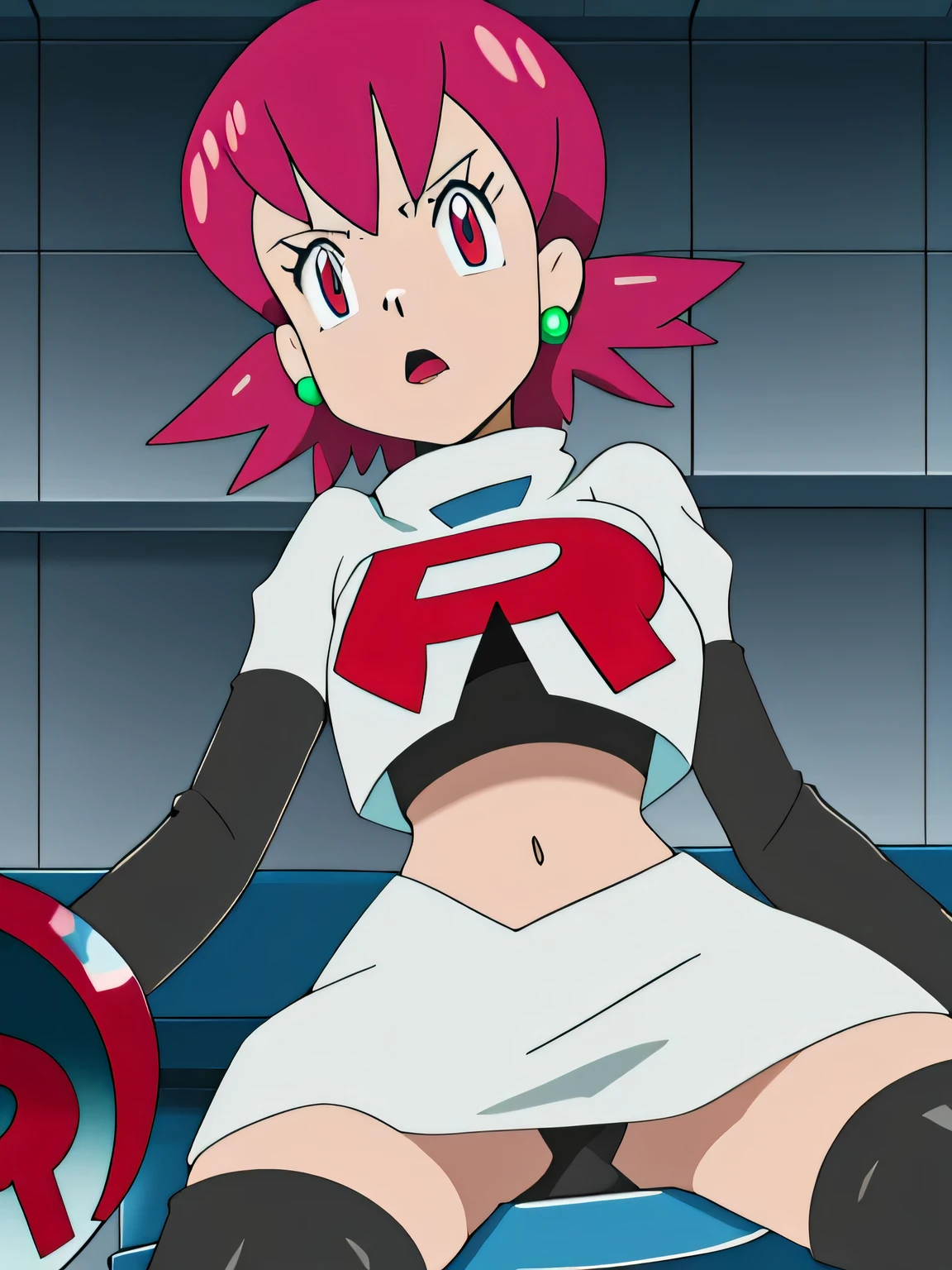 8k, masterpiece,highres, team rocket uniform, red letter r, white skirt,white crop top,black thigh-high boots, black elbow gloves, spread legs, black panties,on toilet,anime style, vivid colors, sharp focus, intense lightingdefwhitney, hair ornament ,glossy lips, earings