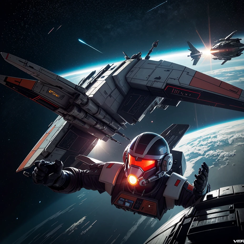 A space fighter pelmet looks out of his cockpit, everything he sees is rendered in his HUD as vector art, his squad is in battle with a rebel Gundam! Vector Art