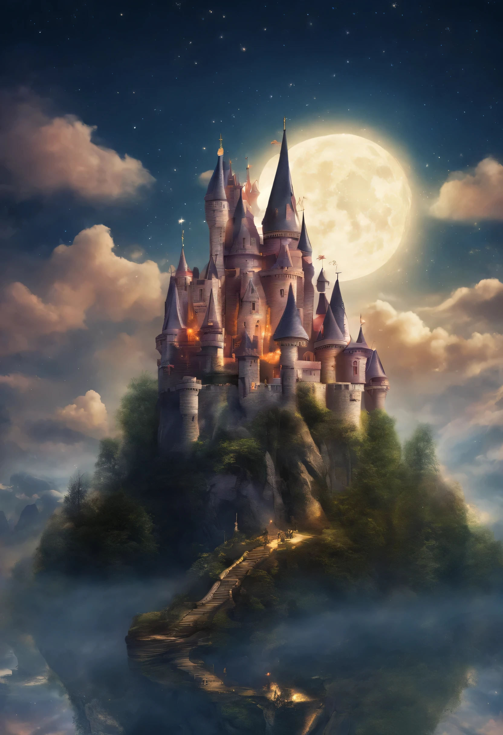 Castle floating in the sky, fantasy style, night sky, surrounded by moonlight, Super realistic fantasy, sad.