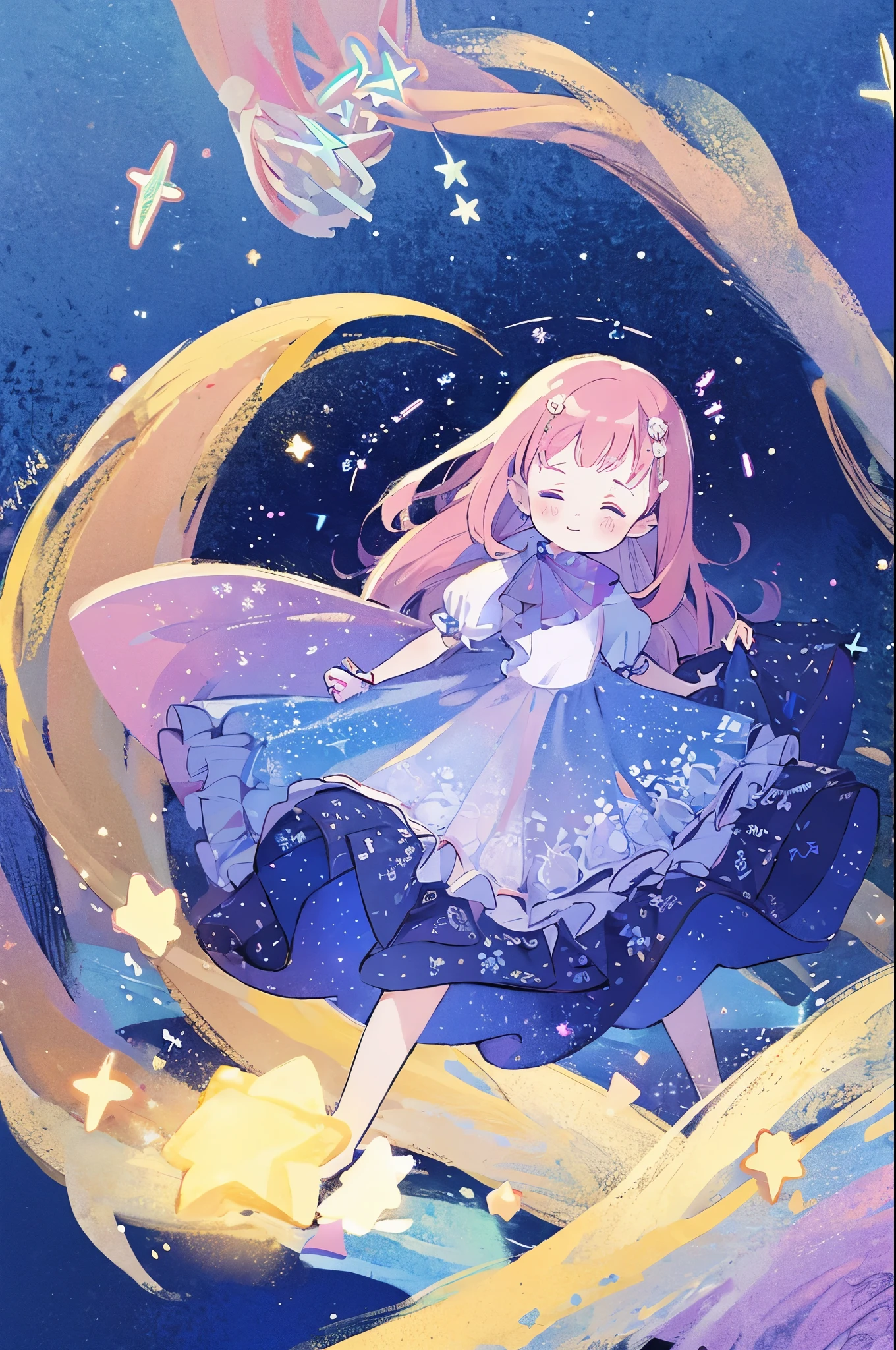 complex background, wishing star background, a woman wearing an ethereal mystical pink translucent dress that reflects the stars, perfume promo art, mystic, complex drawing, highly detailed, Covergirl brand, promo art, artistic rendition, ethereal, starry night, midjourney style, beautiful face