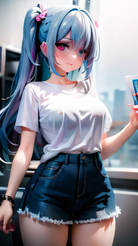 She is a very cute 10 year old girl.、(white t-shirt、mini skirt、)、Ocean、silver blue colored hair、purple eyes、white skin、beautiful skin、(Only the shape of the nipple is visible)、