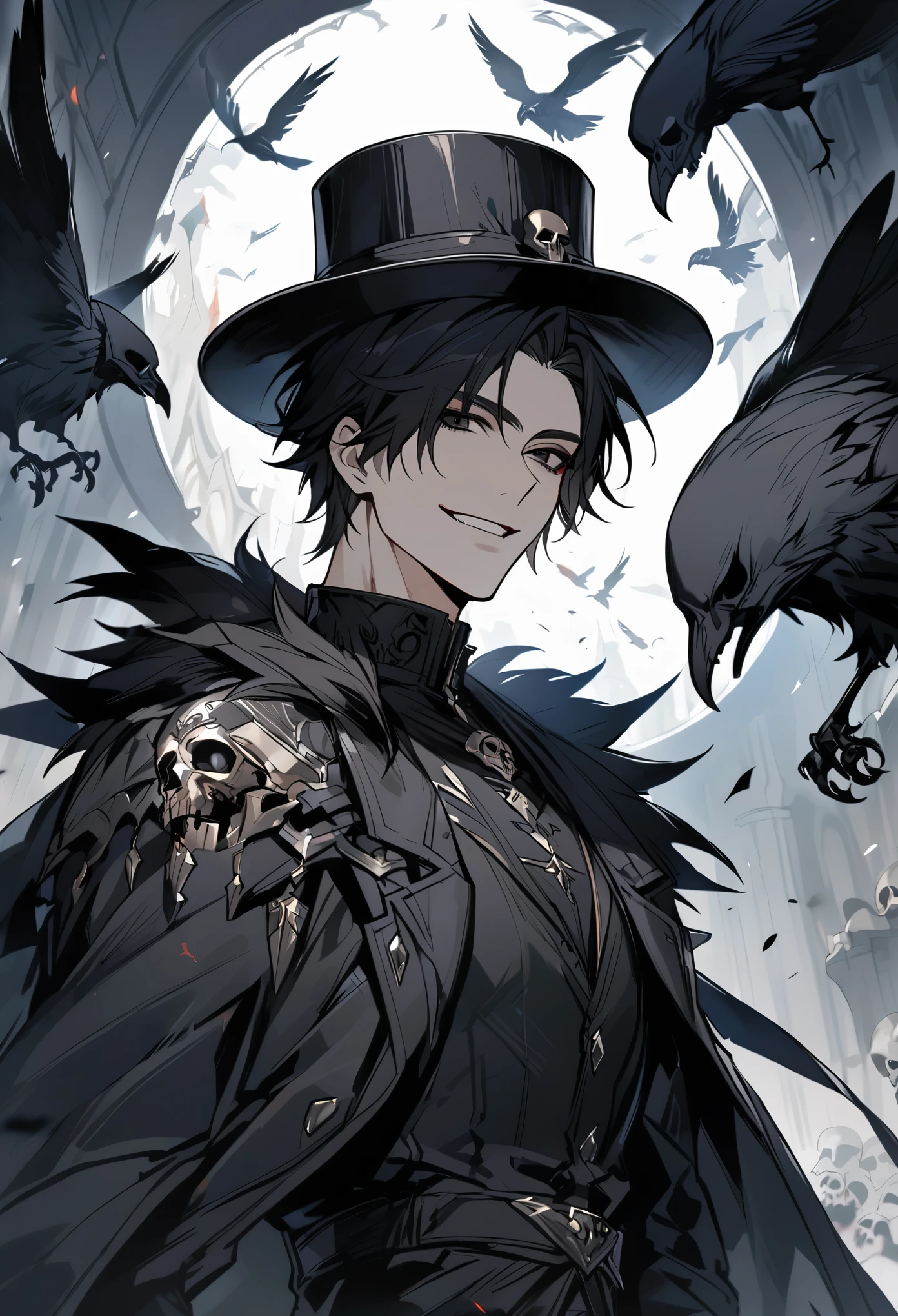 solo, handsome, male, short hair, black hair, black eyes, smile facial, dark fantasy, black shirt, black fur coat, black top hat, skull, raven, bloody