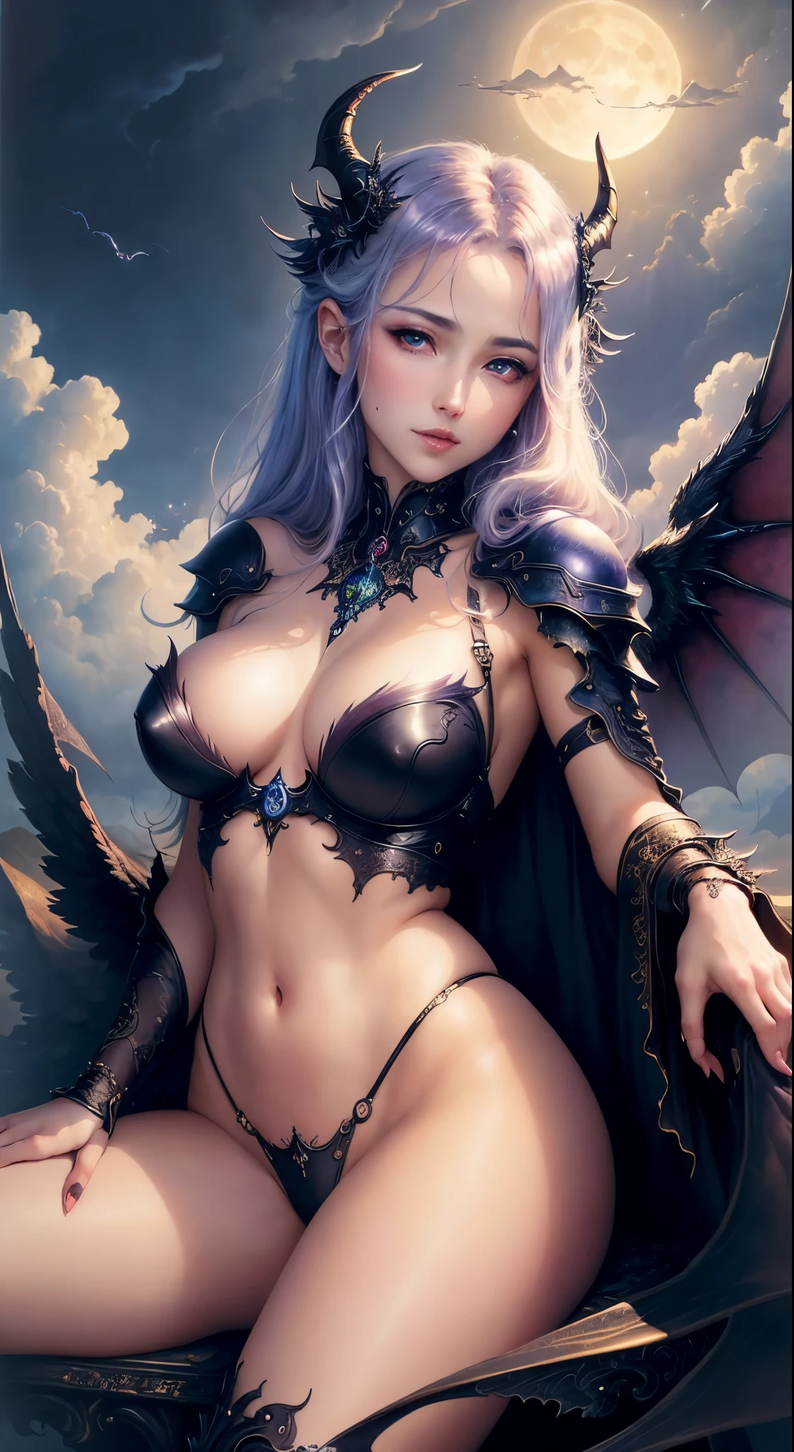 ((highest quality)), ((masterpiece)), (be familiar with), charming succubus, mysterious beauty, perched above the clouds, (fantasy illustration:1.3), captivating gaze, seductive pose, delicate wings, Otherworldly charm, mysterious sky, (Luis Royo:1.2), (Yoshitaka Amano:1.1), Moonlight night, soft colors, (be familiar with cloudscape:1.3), (High resolution:1.2)