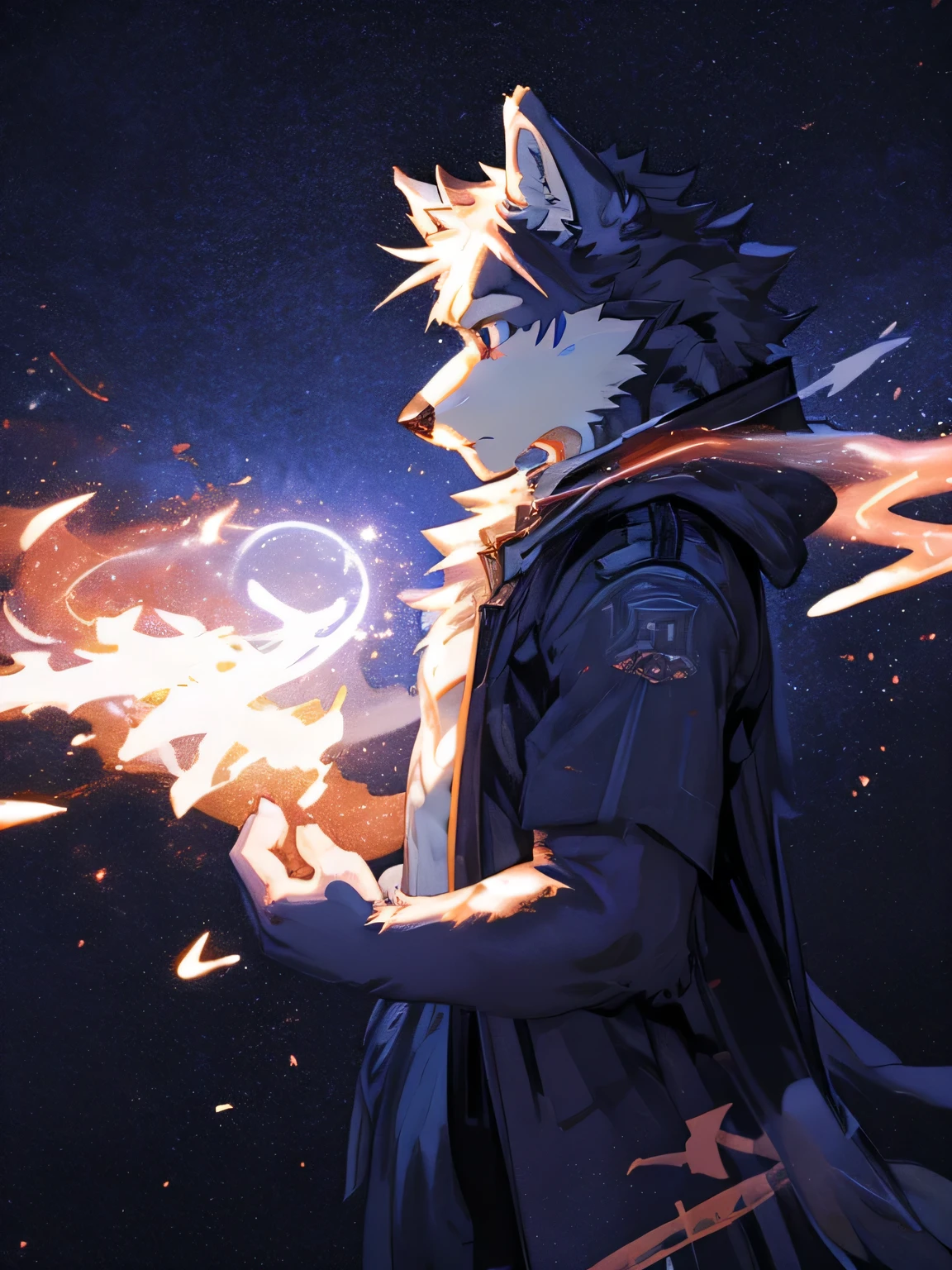 background:A collapsing world,Wolf Beastman,front,1 person,solo,The right eye is glowing blue,are fighting,Shota, magic,battle,long hoodie,sleeves that cover the hands,pants, Boot sneakers