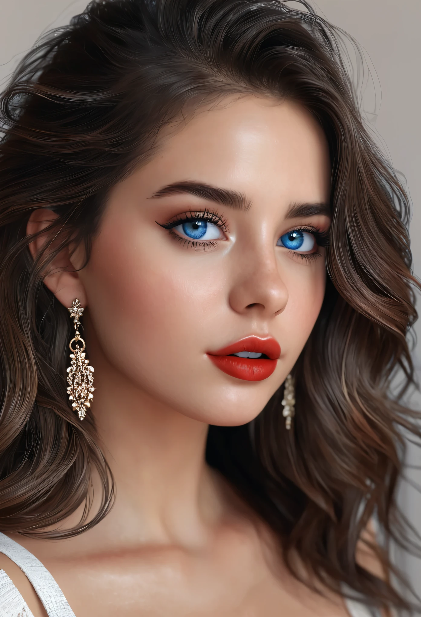 Obra maestra incomparable, CG ultrarrealista de 8k, obra de arte perfecta, ((imagen femenina perfecta)), mujer joven, cintura delgada, seductor, limpio, hermoso rostro, {chica extremadamente delicada y hermosa} , Fondo de pantalla 8k, {{{obra maestra}} }, 1 chica, pelo oscuro, blue eyes,cabello ondulado, ropa informal, joyas, labios, labiostick, pelo largo, mira espectador, constituir, labios, red labios, fondo sencillo, solo, parte superior del cuerpo, (piel brillante),