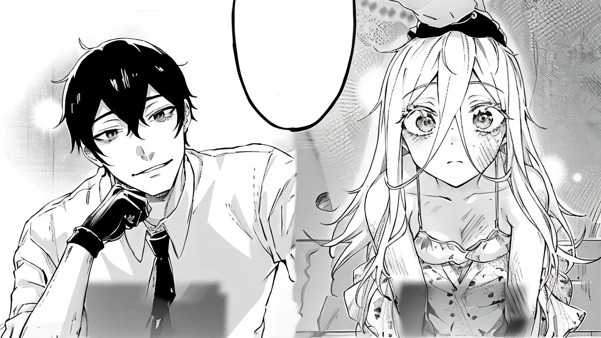 anime image of a man and woman in formal attire holding swords, black and white manga comic, by Eizan Kikukawa, both wearing victorian clothes, black and white manga, black and white manga style, black and white manga page, castle scene manga, black and white manga panel, anime key visual of elegant, award winning manga style, manga scans