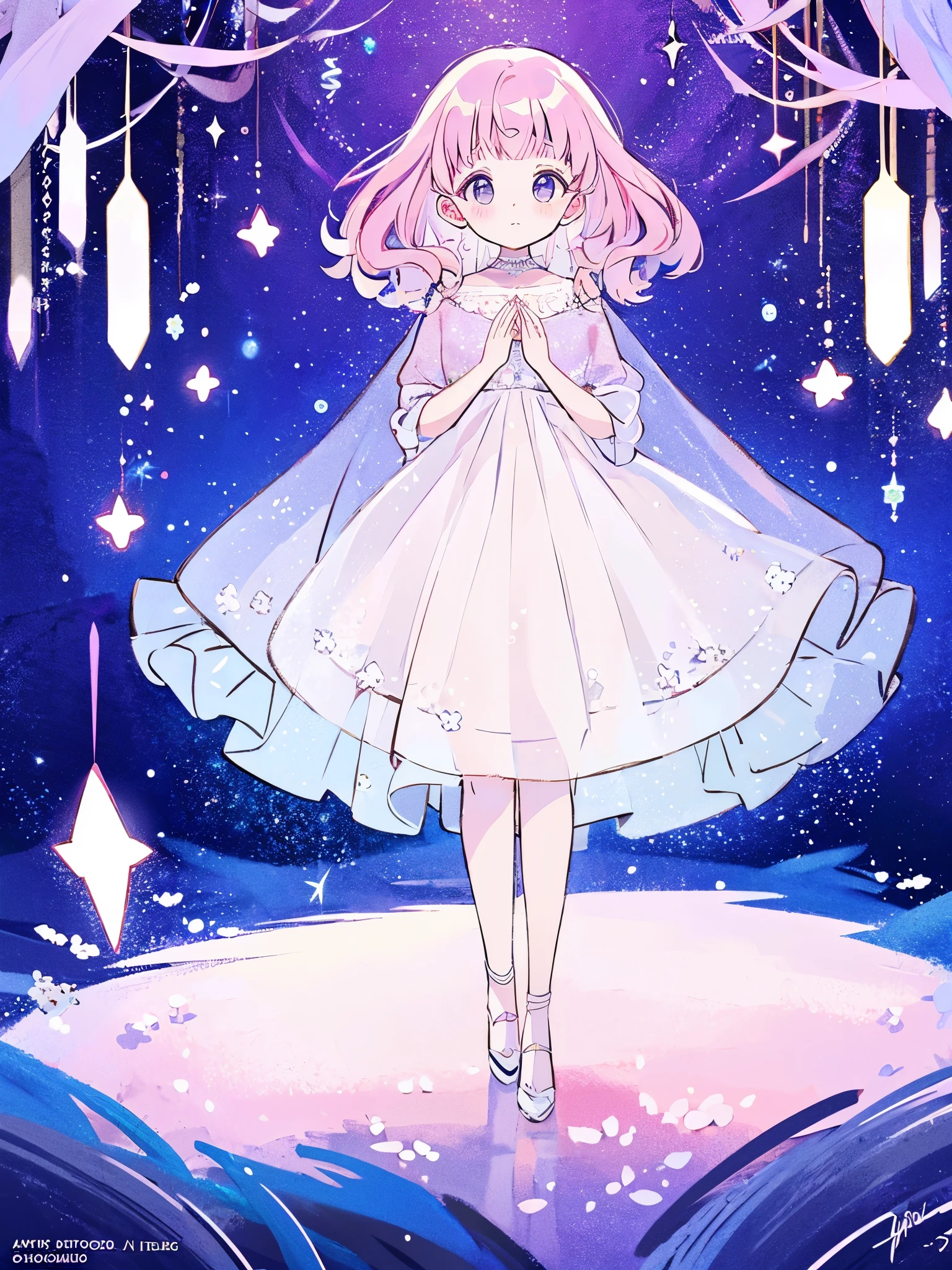 complex background, wishing star background, a woman wearing an ethereal mystical pink translucent dress that reflects the stars, perfume promo art, mystic, complex drawing, highly detailed, Covergirl brand, promo art, artistic rendition, ethereal, starry night, midjourney style