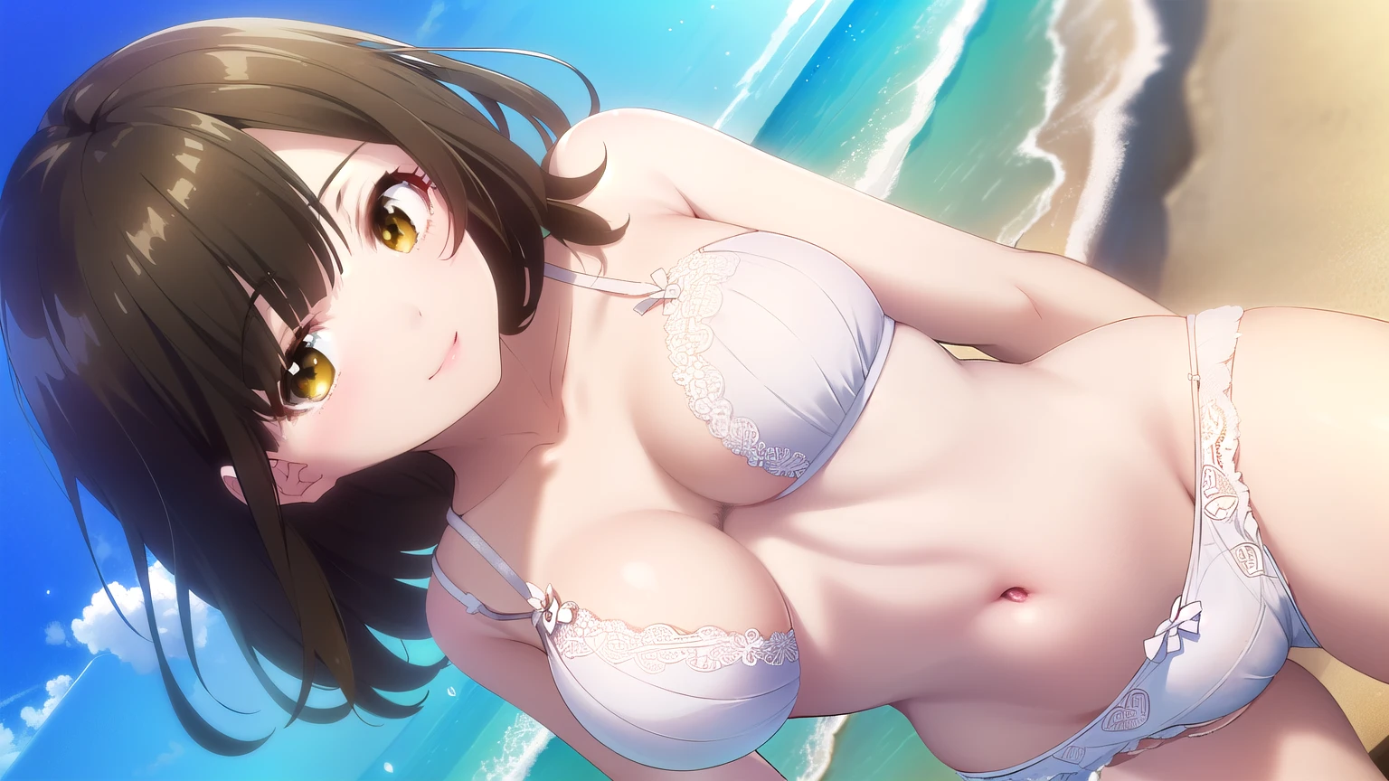 sayuogiwara, Sayu Ogiwara, brown hair, (brown eyes:1.5), medium hair, break , ((In underwear)),（white lace bra),(White lace panties),(((pubic hair)))、NSFW、Blue sky、NSFW、whole body, beautiful breasts,(walking on the beach)、wallpaper,(walking on the beach )、(It&#39;s windy、(Very embarrassing panic smile)、 break (masterpiece:1.2), highest quality, High resolution, ユニティ8kwallpaper, (figure:0.8), (detailed and beautiful eyes:1.6), highly detailed face, perfect lighting, Very detailed CG, (perfect hands, perfect anatomy),（white lace bra),(White lace panties)