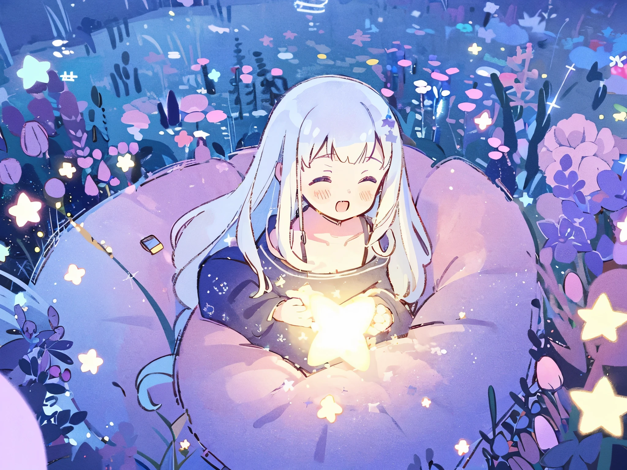 complex background, wishing star background, a woman wearing an ethereal mystical pink translucent dress that reflects the stars, perfume promo art, mystic, complex drawing, highly detailed, Covergirl brand, promo art, artistic rendition, ethereal, starry night, midjourney style, flowers, plants, magical star garden