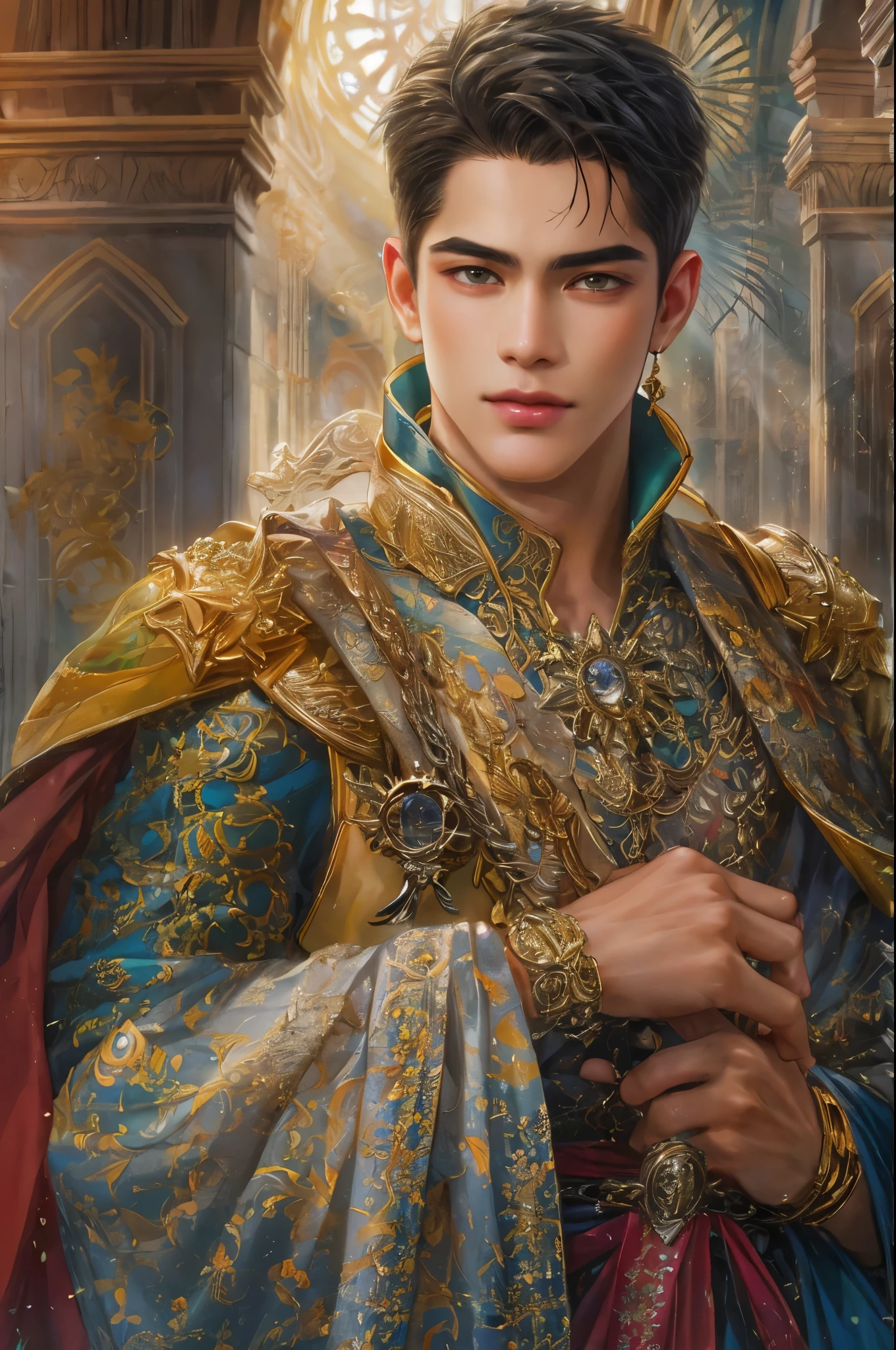 (masterpiece, top quality, best quality, official art, beautiful and aesthetic:1.2), boy, handsome, short hair, extreme detailed faces, Encantadia character in male version, Philippine series Encantadia, diwata male version , colorful, highest detailed, (perfect face), shiny skin, HDR, detailed surroundings, church of the Philippines , 