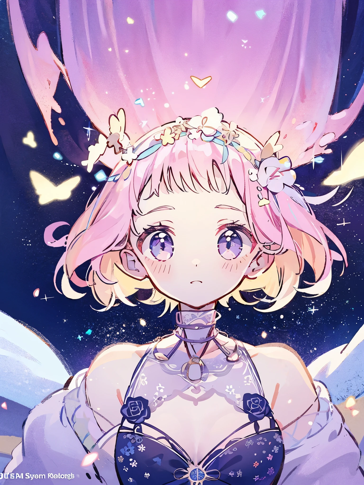 complex background, wishing star background, a woman wearing an ethereal mystical pink translucent dress that reflects the stars, perfume promo art, mystic, complex drawing, highly detailed, Covergirl brand, promo art, artistic rendition, ethereal, starry night, midjourney style