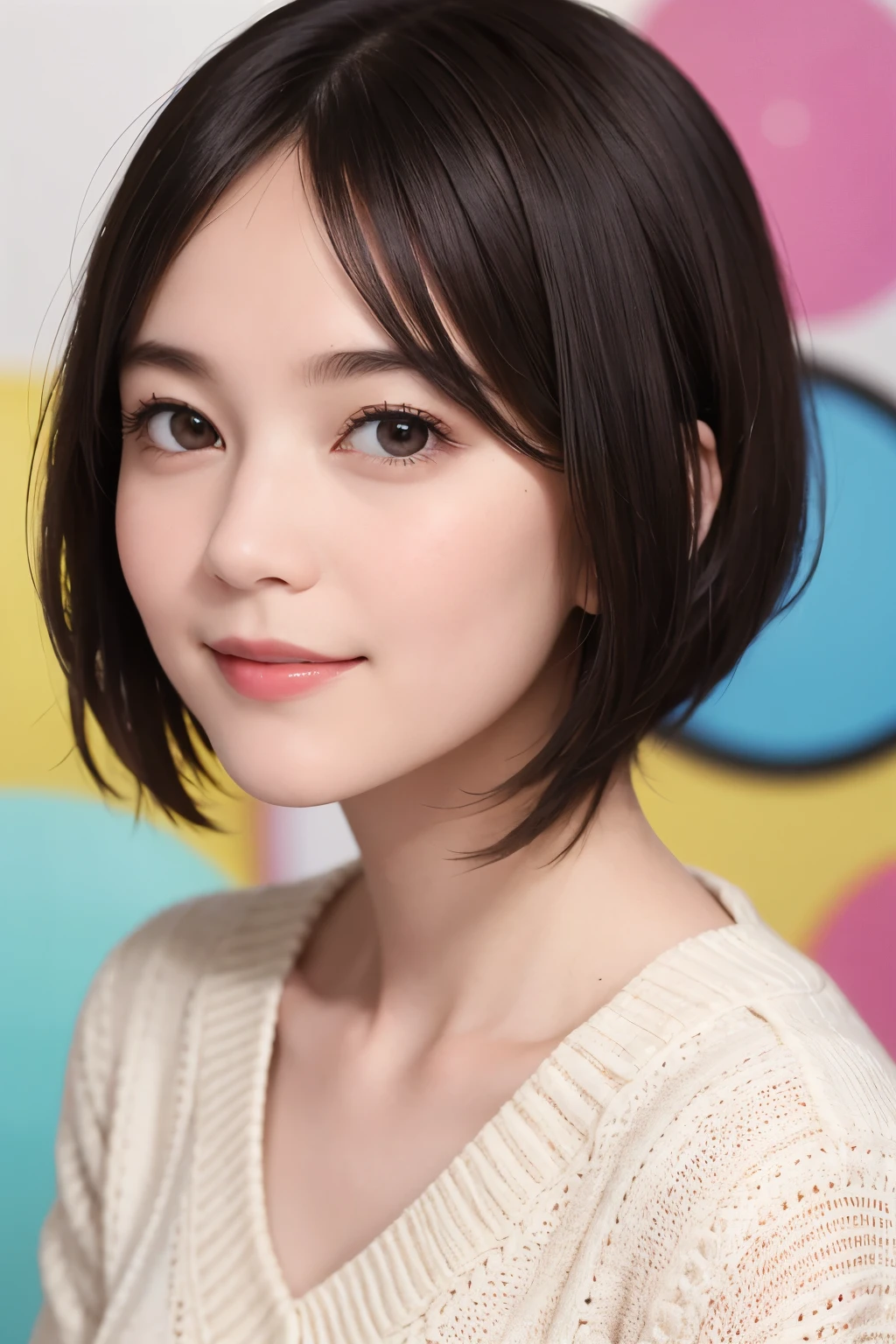 195 (snapdd00-Fp16), 1-9-5, woman, gentle smile, short hair, The background is an avant-garde abstract painting........