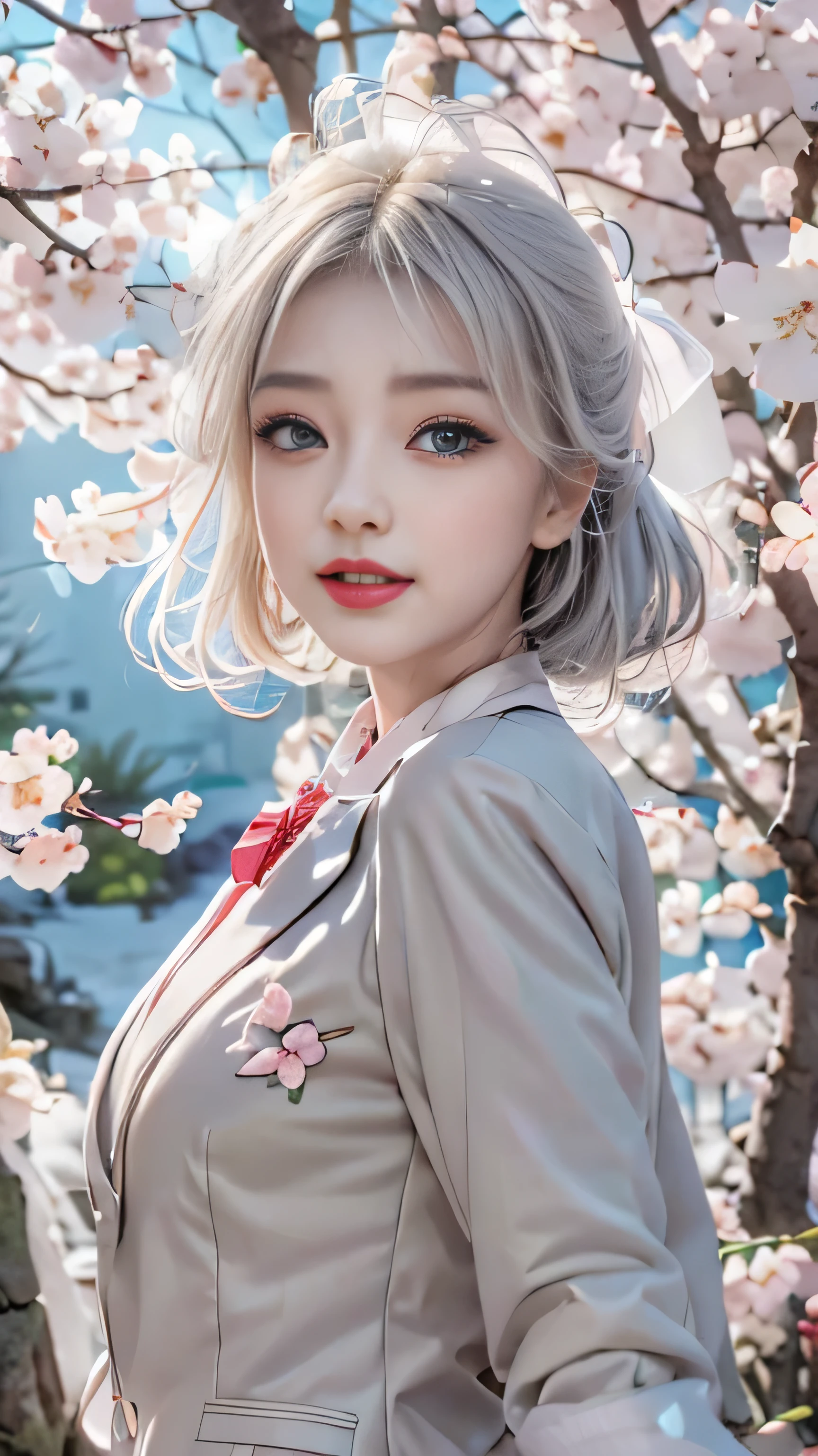 ((Girls sitting on a row of cherry blossom trees)),top quality work，Real work，Ultra premium graphics，8K HD CG作品，high quality graphics，High-definition CG works，10x pixels，super fine details：1.1，Advanced technical details：1.1Photo-realistic，indoor lighting effects：1.5，Natural light：1.5. light effect（virtual light effect：1.8），超A high resolution，shiny red dress，長いsilver hair，silver hair，transparent hair，high detail hair（premium hair detail：1.1）clear eyes，beautiful double eyelids，sharp eye makeup, delicate eyelash makeup, thin eyebrows, highly detailed eyes，high nose, nice red lips, rose cheeks, A face with delicate makeup , cute face, perfectly proportioned face,（Advanced facial details：1.1），shiny，wonderful dress，bright red series，(white blazer) 、(white blouse)、(red bow tie)、(checked skirt)、（My skirt flies up in the wind)、white panties are visible、girls school uniform、photo shoot，woman&#39;artwork of，full body figure，realism，wonderful，My eyes are shining today、(smile),(Cherry blossom petals are dancing)、((In a blizzard of flowers))、(smile),