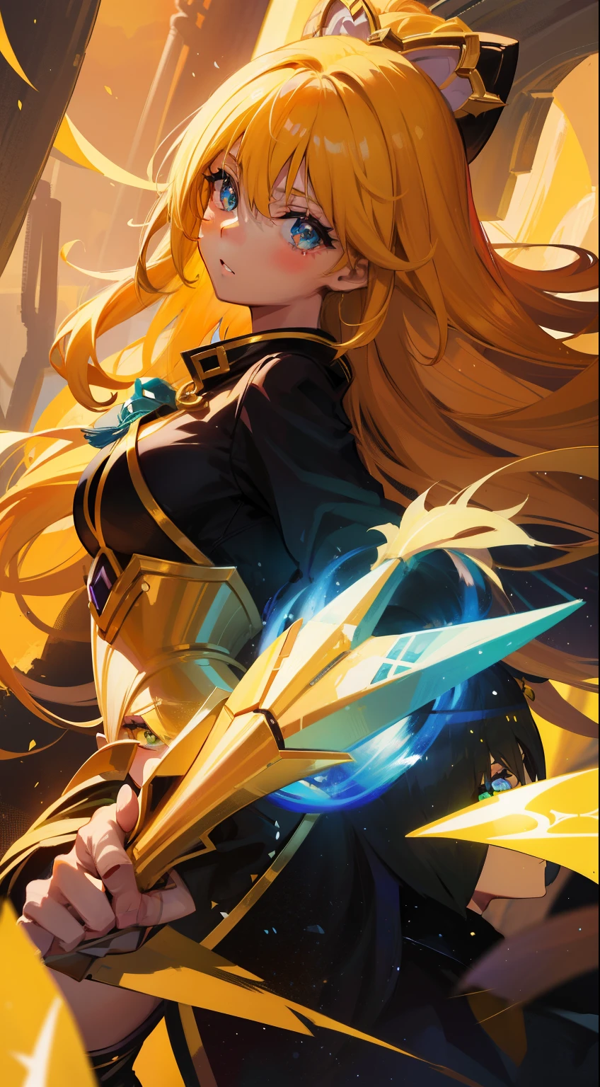 Garota anime com cabelo loiro longo e cabelo amarelo em uma roupa preta, portrait knights of the zodiac girl, artegerm JSC, portrait of a female anime heroine, inspirado em Yang J, artegerm extremamente detalhado, estilo artegerm, Senna de League of Legends, Modelo IG | artegerm, artegerm e Atey Ghailan, rossdraw desenho animado vibrante, olhos azuis, olhos azuis bem trabalhados