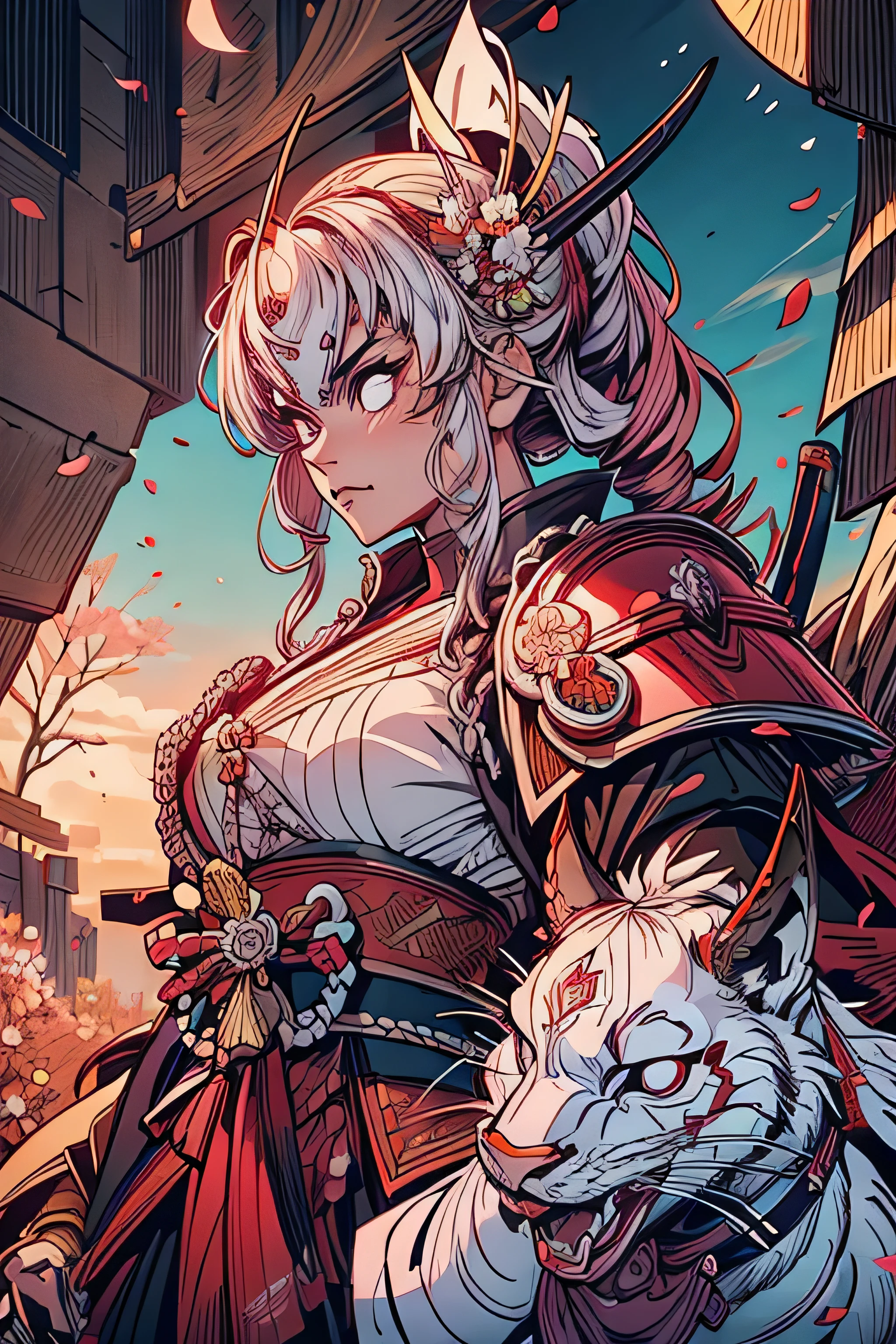 mulher samurai, cabelo branco longo, face of fury, looking directly at the camera, paleta de cores rosa, flores cerejeira, cherry petals, segurando katana, full samurai armor.
