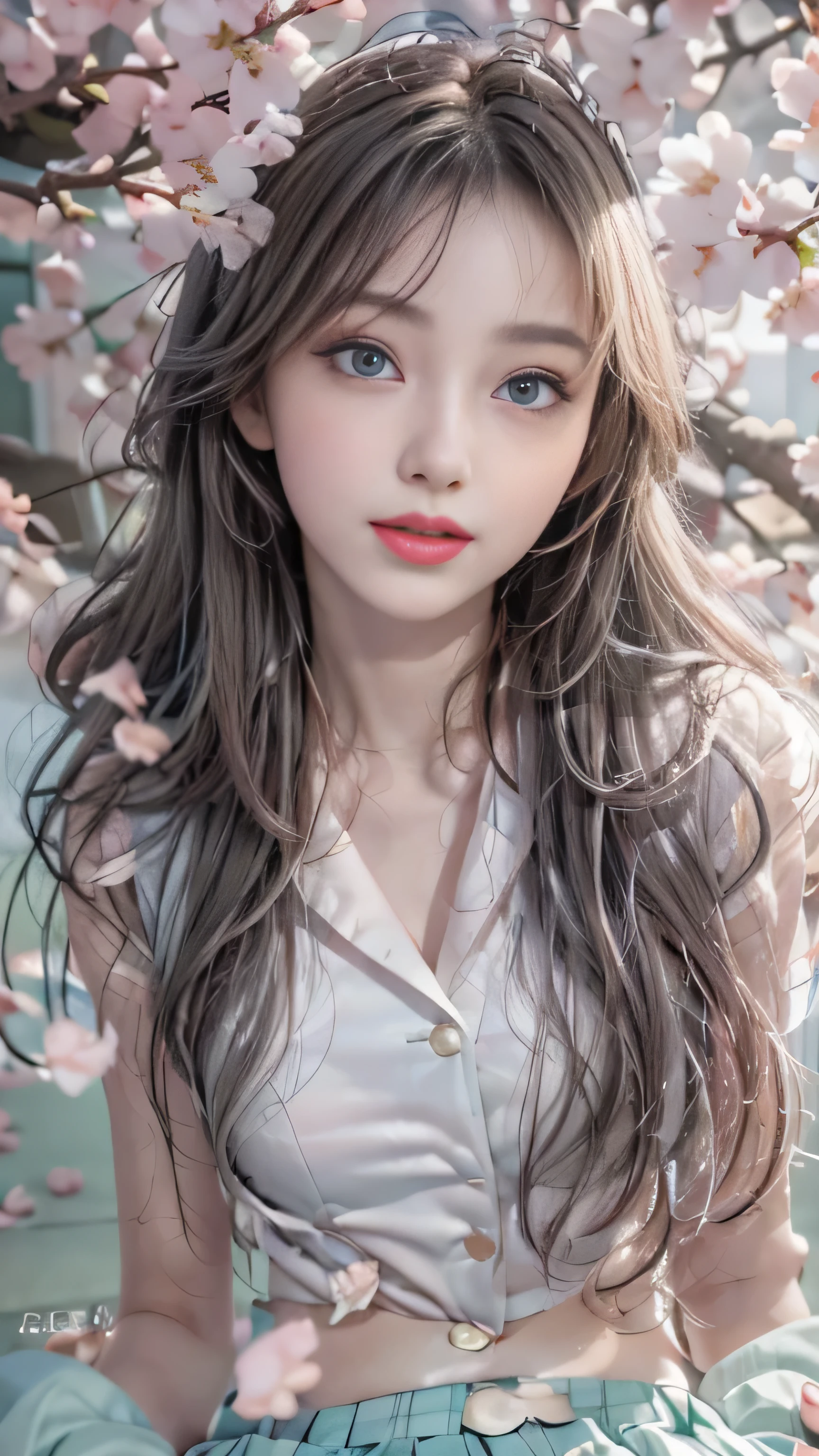 ((Girls sitting cross-legged on a row of cherry blossom trees)),top quality work，Real work，Ultra premium graphics，8K HD CG作品，high quality graphics，High-definition CG works，10x pixels，super fine details：1.1，Advanced technical details：1.1Photo-realistic，indoor lighting effects：1.5，Natural light：1.5. light effect（virtual light effect：1.8），超A high resolution，shiny red dress，長いsilver hair，silver hair，transparent hair，high detail hair（premium hair detail：1.1）clear eyes，beautiful double eyelids，sharp eye makeup, delicate eyelash makeup, thin eyebrows, highly detailed eyes，high nose, nice red lips, rose cheeks, A face with delicate makeup , cute face, perfectly proportioned face,（Advanced facial details：1.1），shiny，wonderful dress，bright red series，(white blazer) 、(white blouse)、(red bow tie)、(checked skirt)、（My skirt flies up in the wind)、white panties are visible、girls school uniform、photo shoot，woman&#39;artwork of，full body figure，realism，wonderful，My eyes are shining today、(smile),(Cherry blossom petals are dancing)、((In a blizzard of flowers))、(smile),