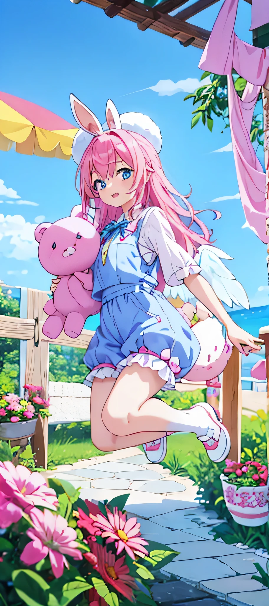 1 girl pink hair blue eyes blue hat cup with pink bunny ears, wings on the back, blue and white Vest with shorts with red ribbon holding a bear stuffed rabbit
