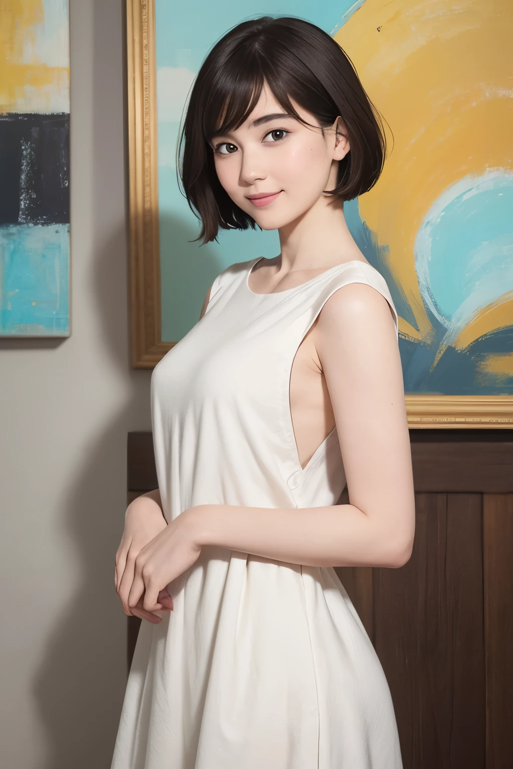 195 (snapdd00-Fp16), 1-9-5, woman, gentle smile, short hair, The background is an avant-garde abstract painting........