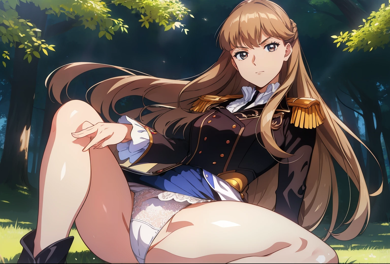 Ground-level shot,Relena Peacecraft,brown Long hair, throw, girl on top,hair all on eyes,glaring ,1 girl,military uniform ,white lace panties,black eyes,looking down,big eyes,zitome ,standing,on the grass field,forest background,masterpiece ,8k unity wallpaper,anime key visual,highest quality, High resolution, unity 8k wallpaper, (shape:0.8), highly detailed face,highly detailed eye,glowing eyes , shiny skin,fine skin,white skin,dense skin,detailed hair,highly detailed legs,perfect lighting, Detailed CG, (perfect hands, perfect anatomy),High resolution,anime key visual,Kyoto Animation,(Detailed wear ),slender limbs, delicate curves, dainty hands, tiny feet,